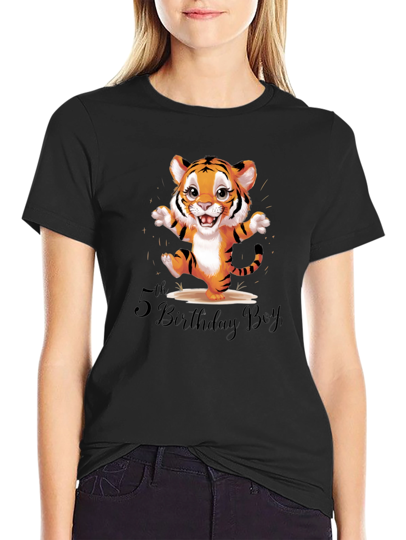 Cute Tiger 5th Birthday Boy Black T-Shirt