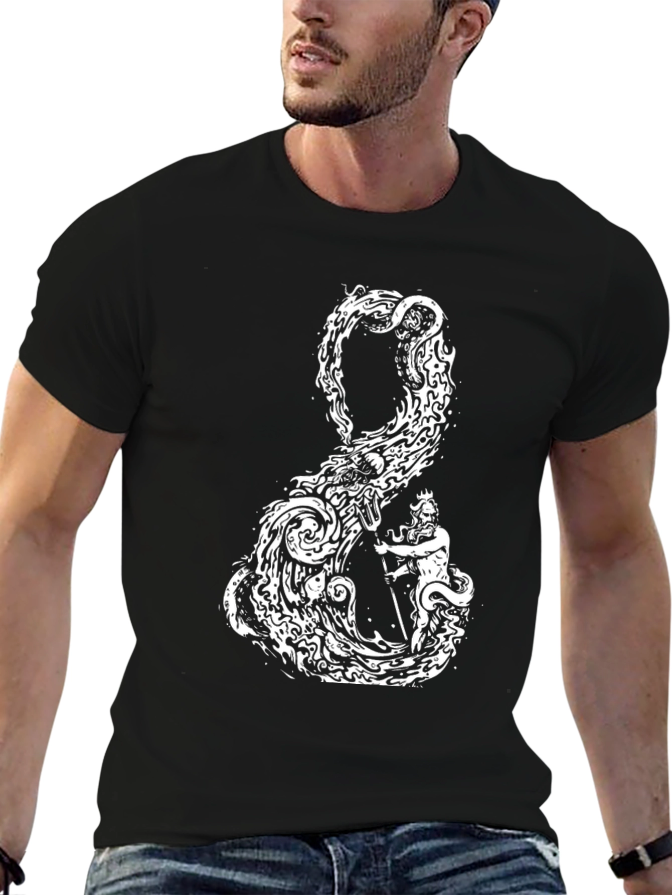 Kraken & Neptune Graphic T-Shirt - Black