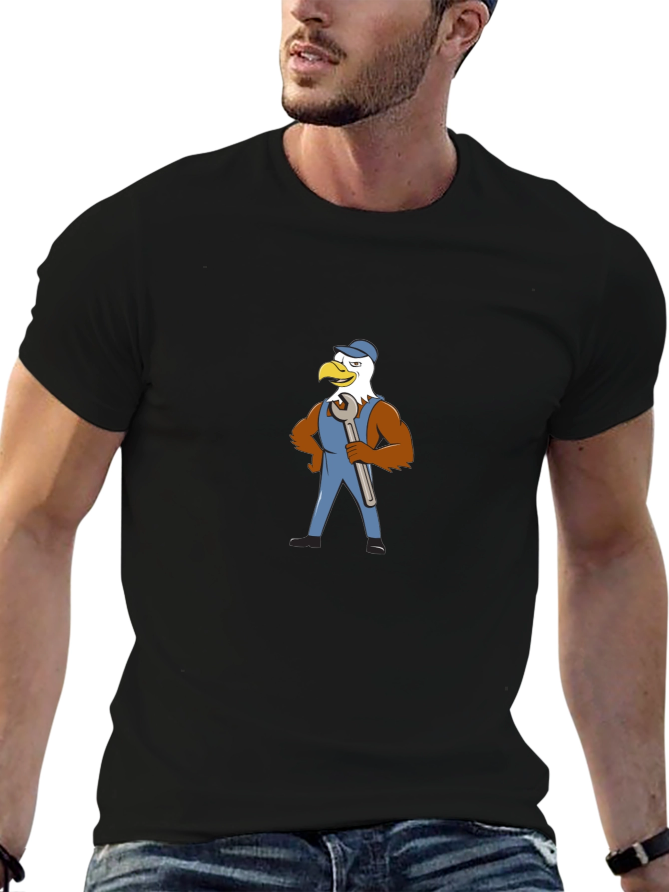 Eagle Mechanic Cartoon Black T-Shirt