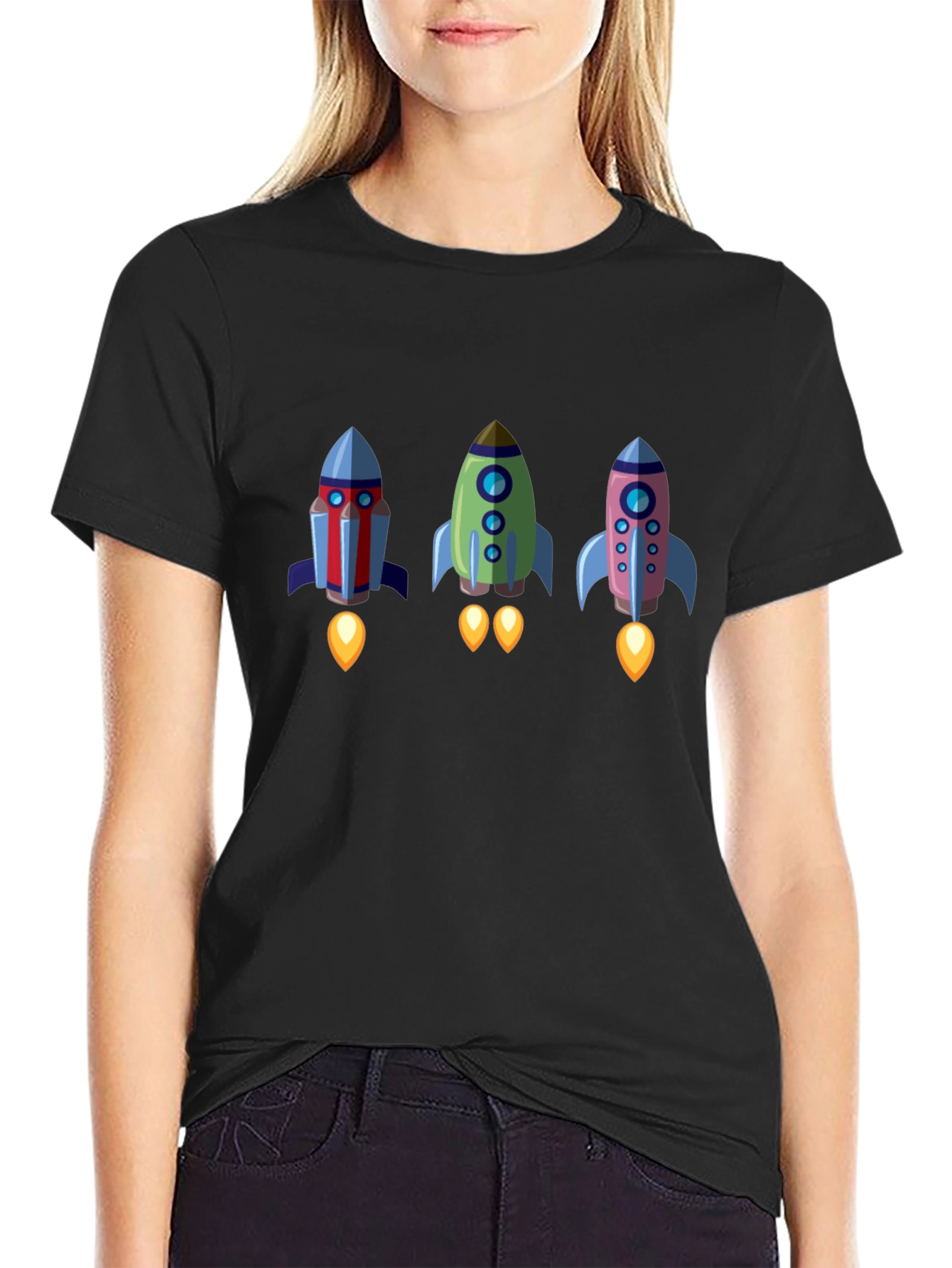 Rocket Trio Graphic Tee - Black Cotton T-Shirt