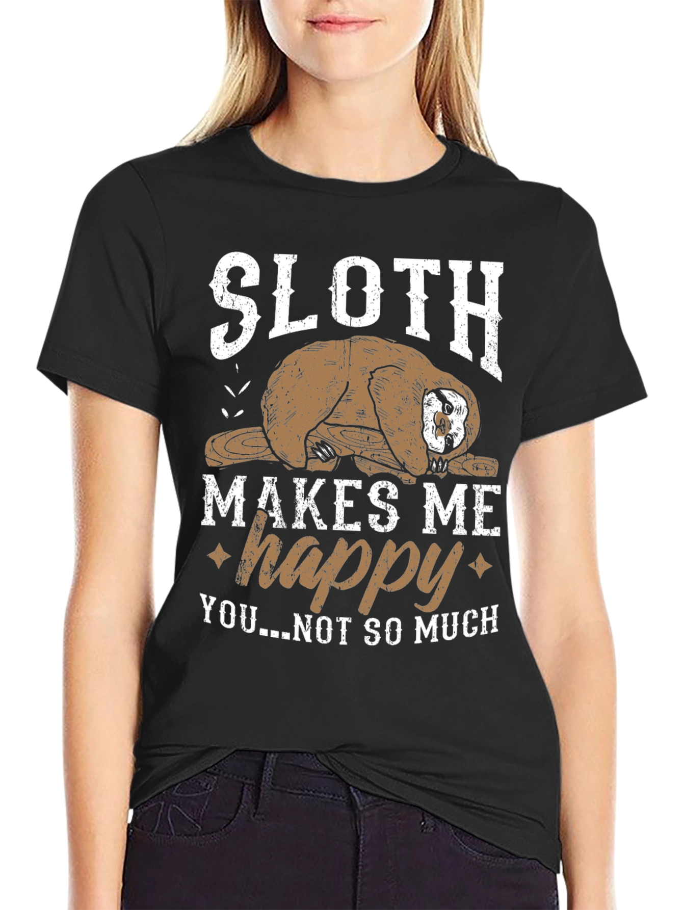 Sloth Makes Me Happy Black Graphic Tee
