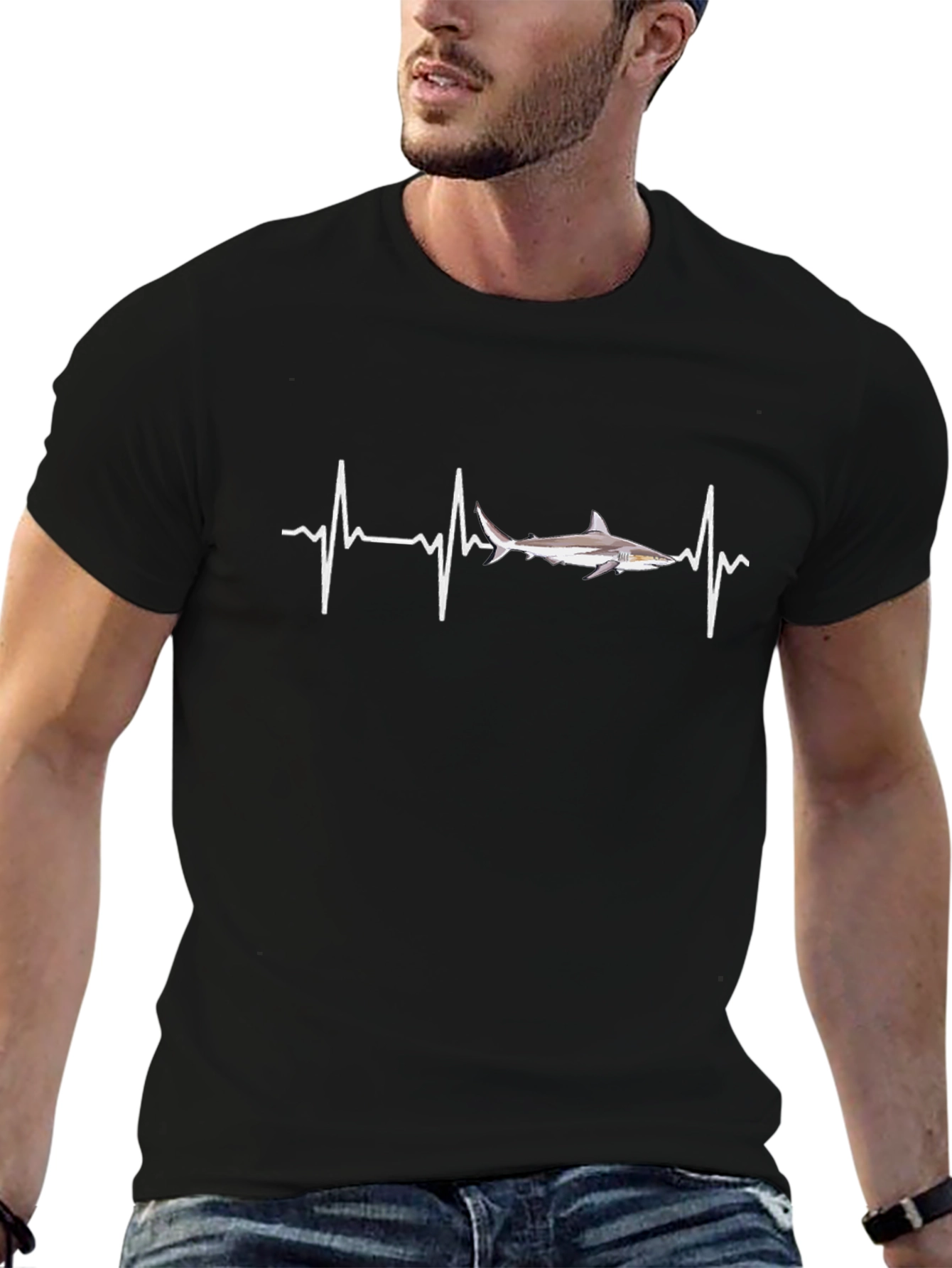 Shark Heartbeat Black Graphic T-Shirt