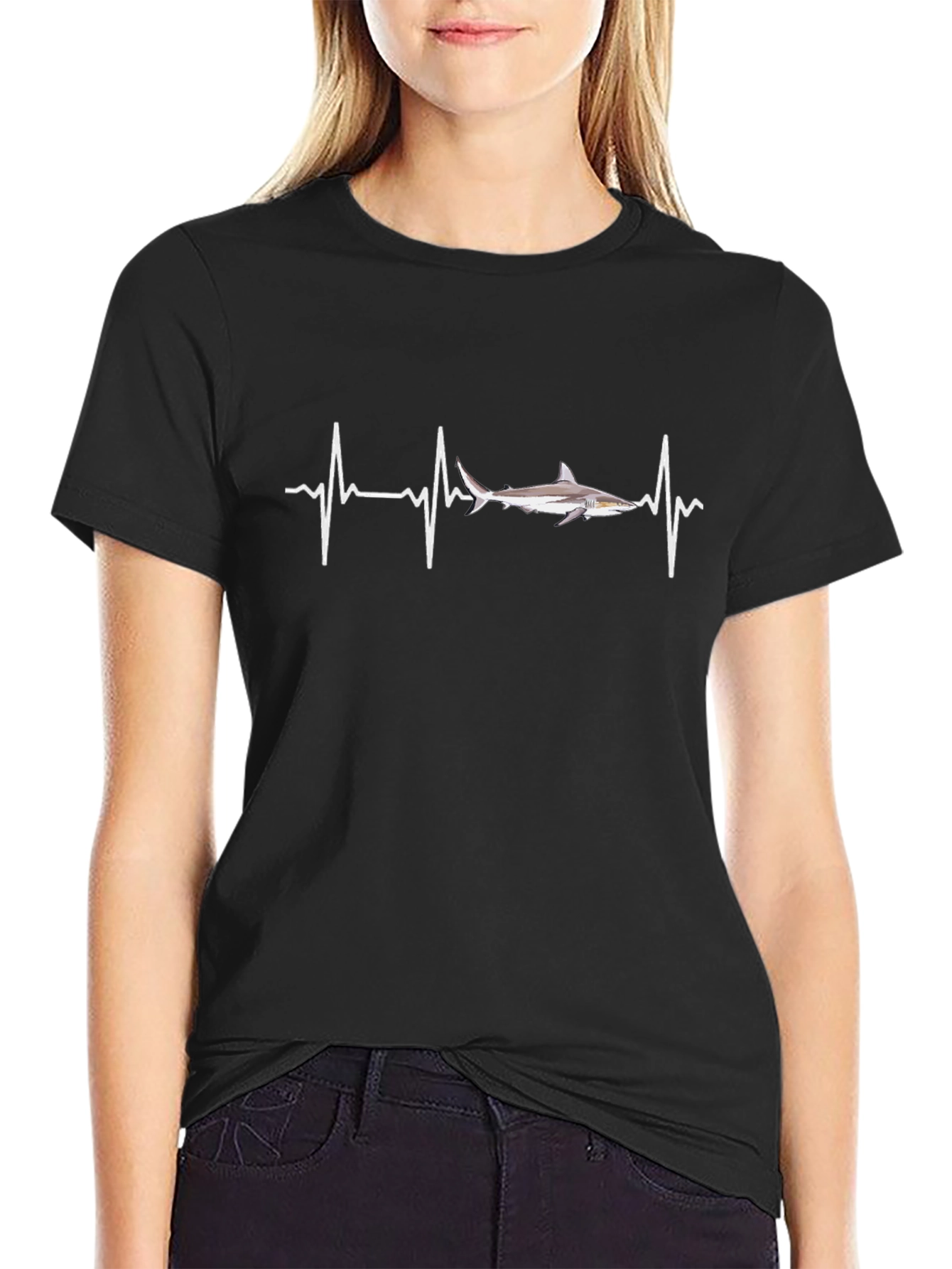 Shark Heartbeat Black Graphic T-Shirt