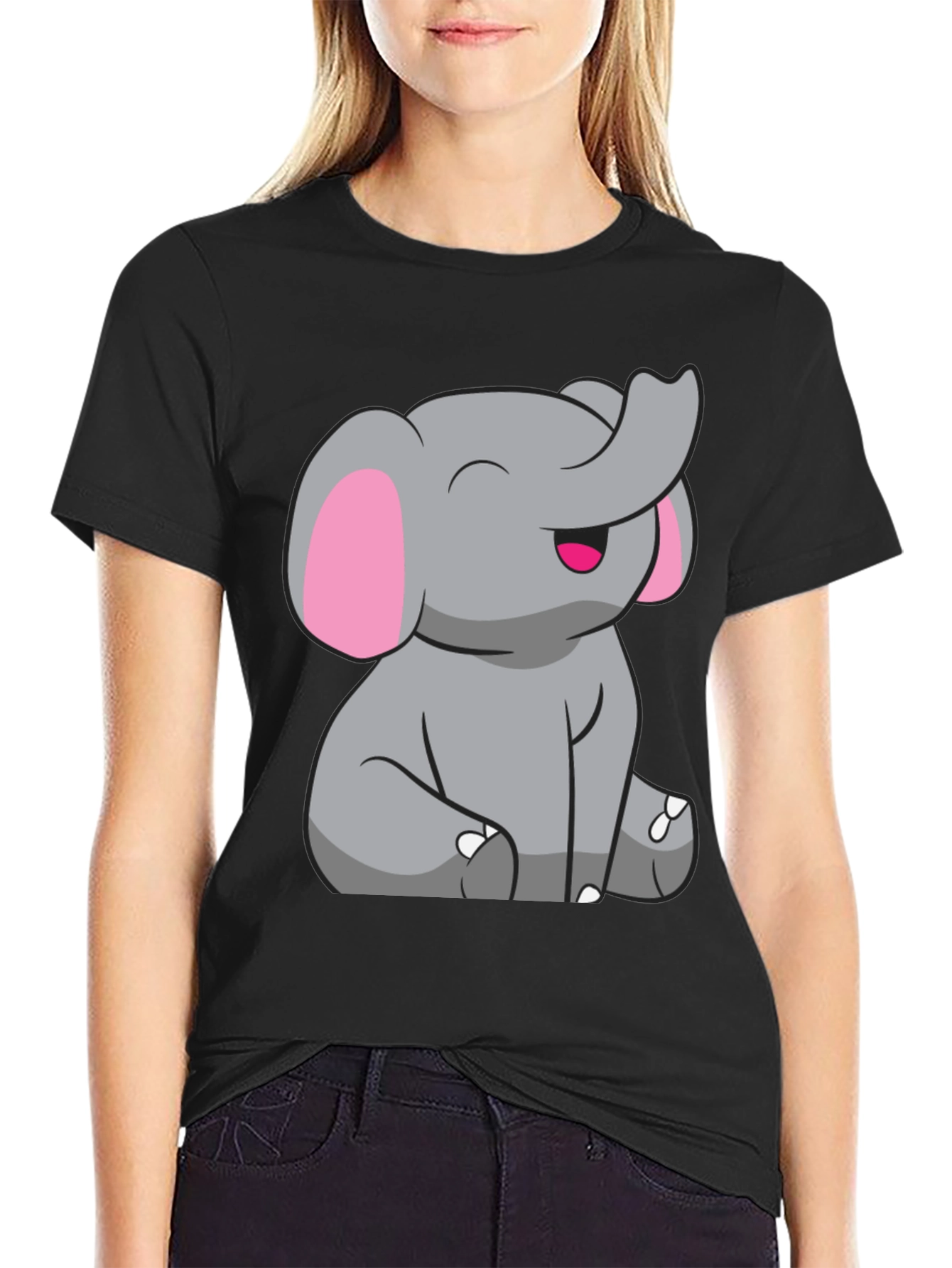 Cute Elephant Graphic Tee - Black Cotton Shirt