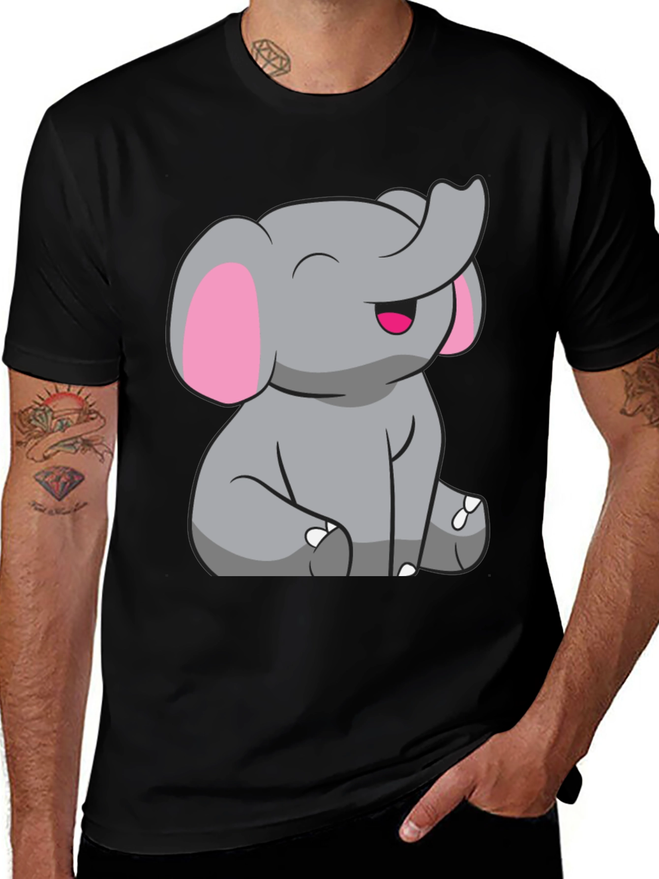 Cute Elephant Graphic Tee - Black Cotton Shirt