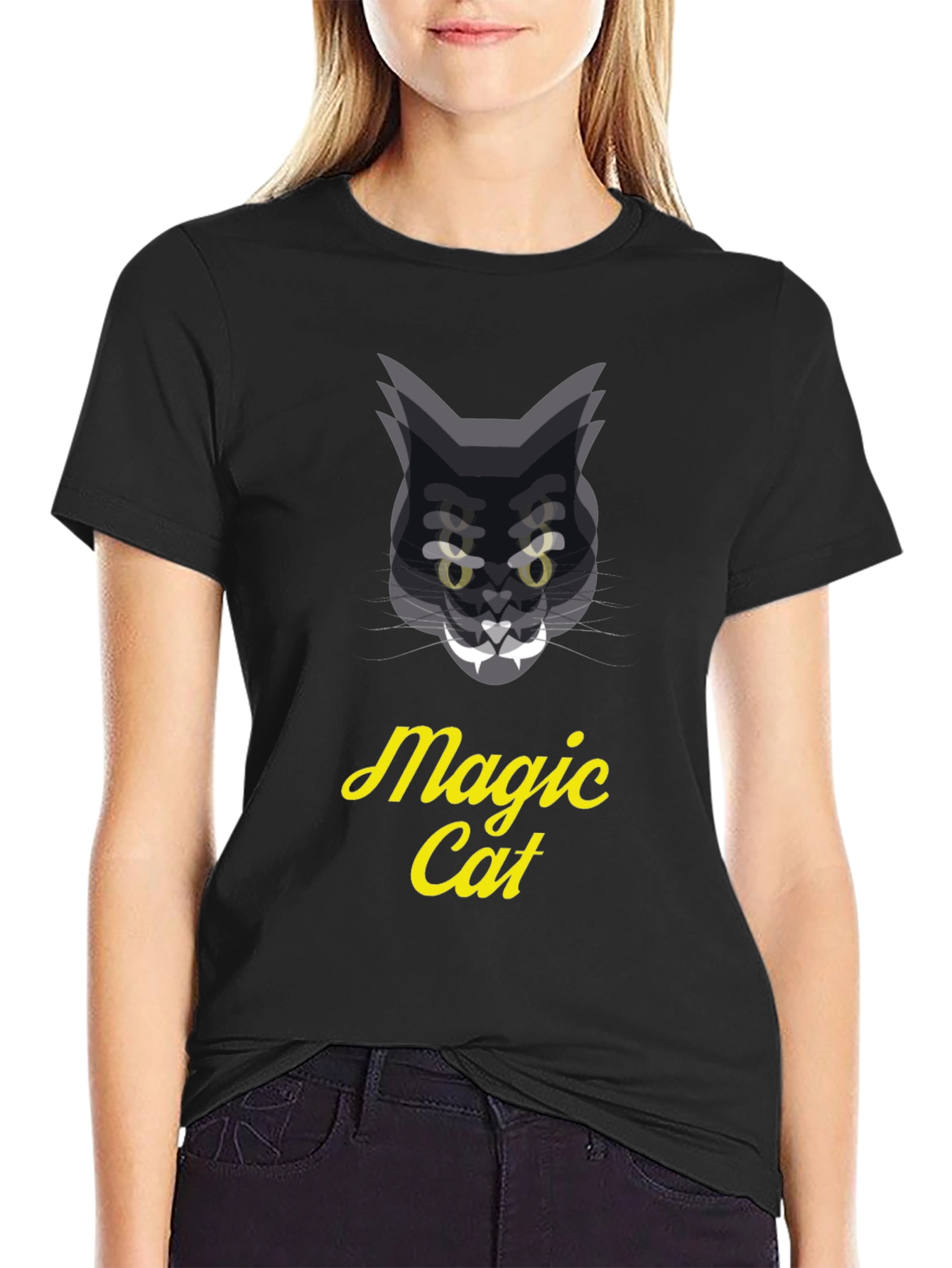 Magic Cat Graphic Tee - Black Cotton T-Shirt