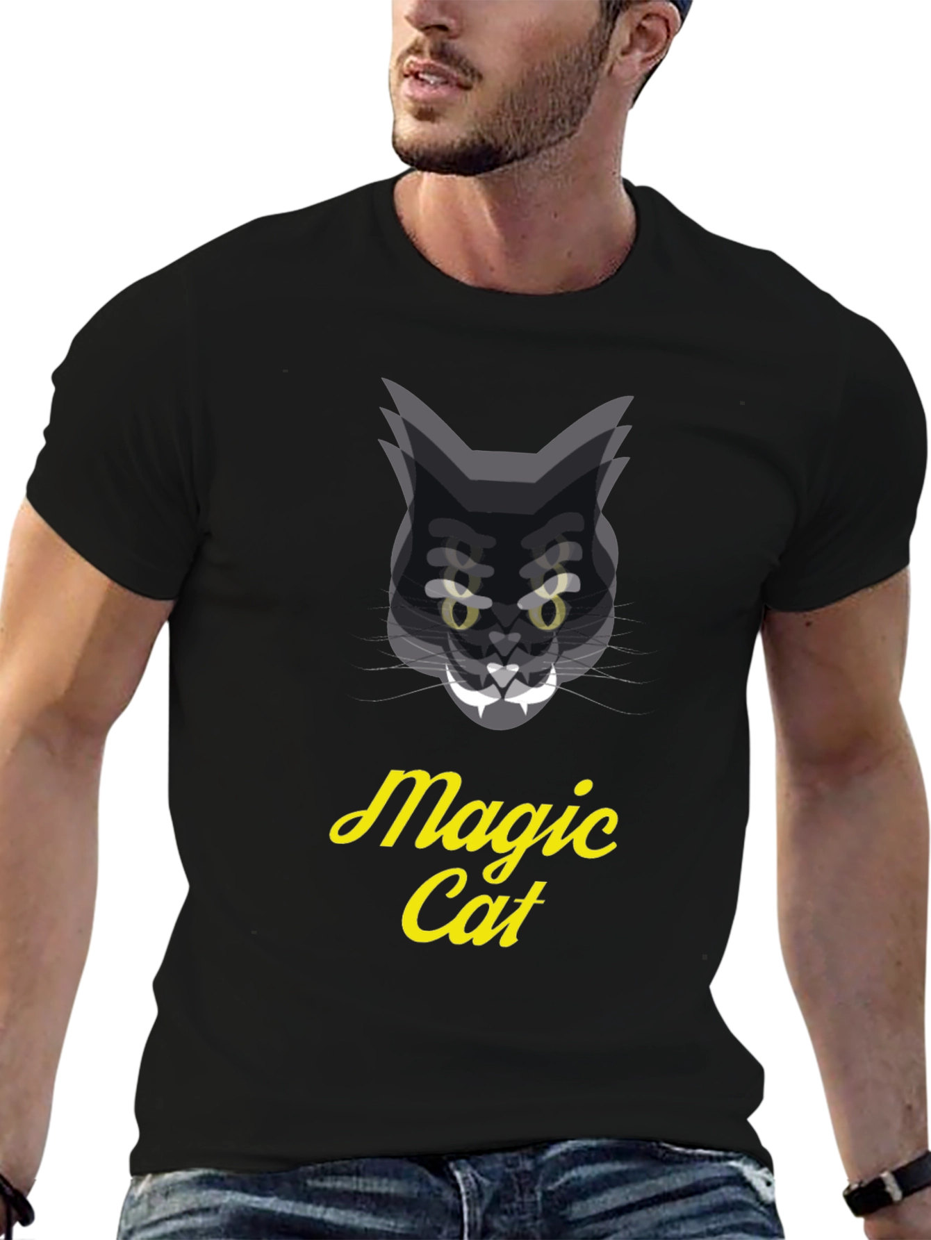 Magic Cat Graphic Tee - Black Cotton T-Shirt