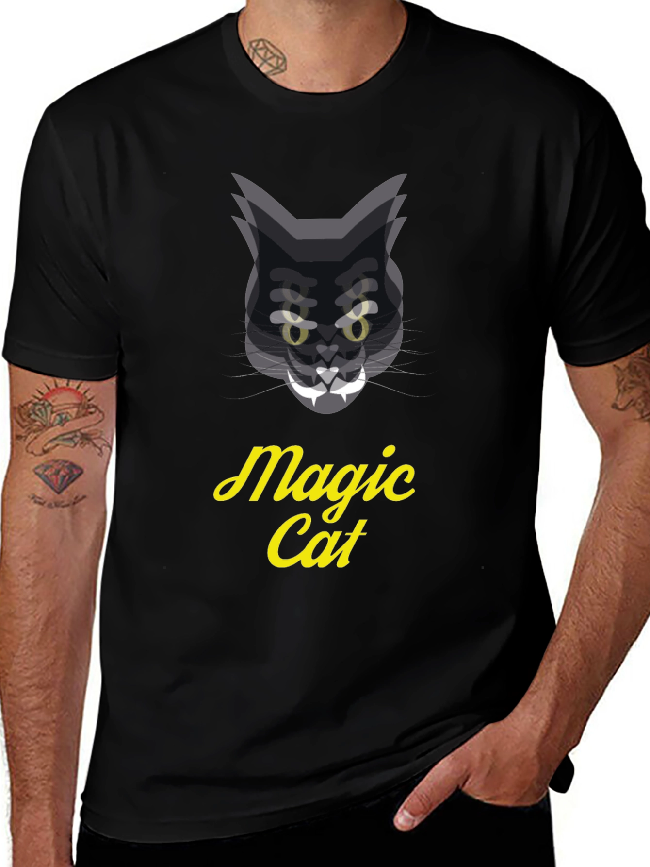 Magic Cat Graphic Tee - Black Cotton T-Shirt
