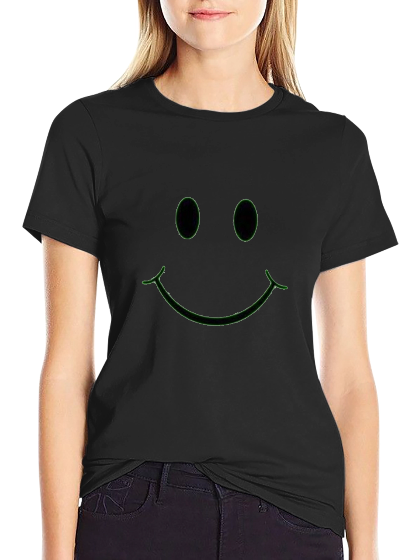 Neon Green Smiley Face Black T-Shirt
