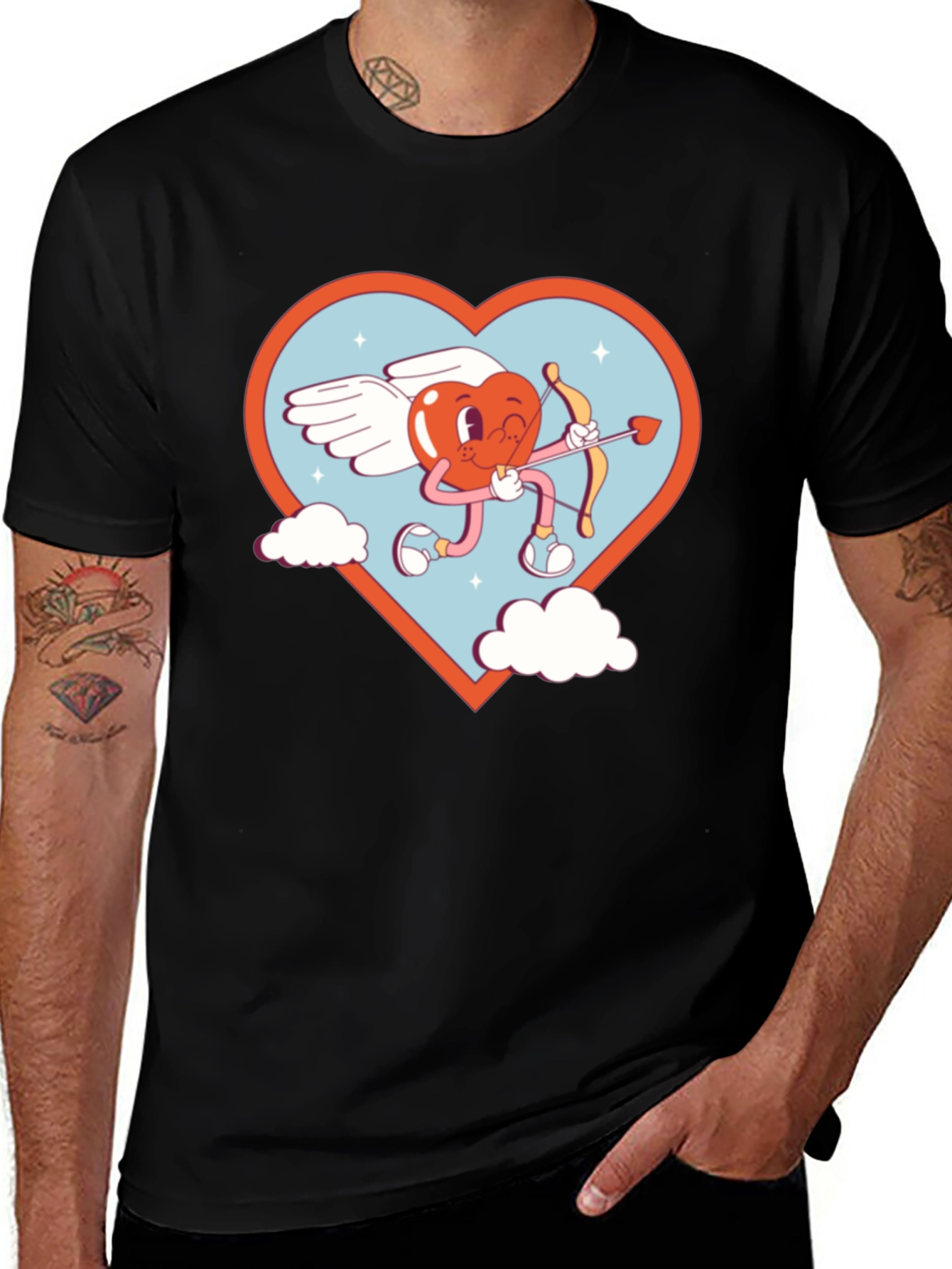 Cartoon Heart Cupid Black T-Shirt