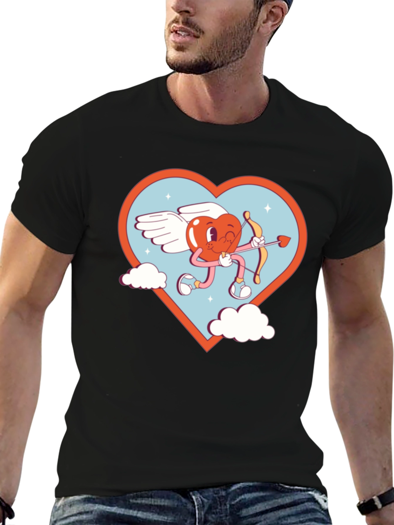 Cartoon Heart Cupid Black T-Shirt