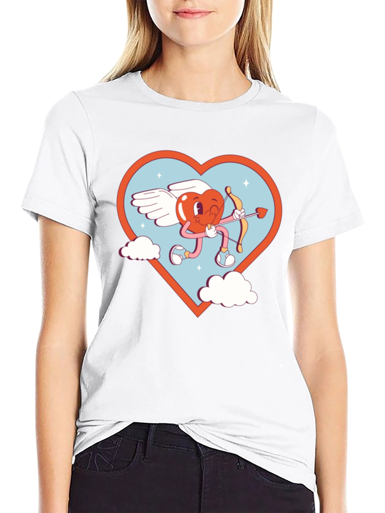 Cartoon Heart Cupid Black T-Shirt