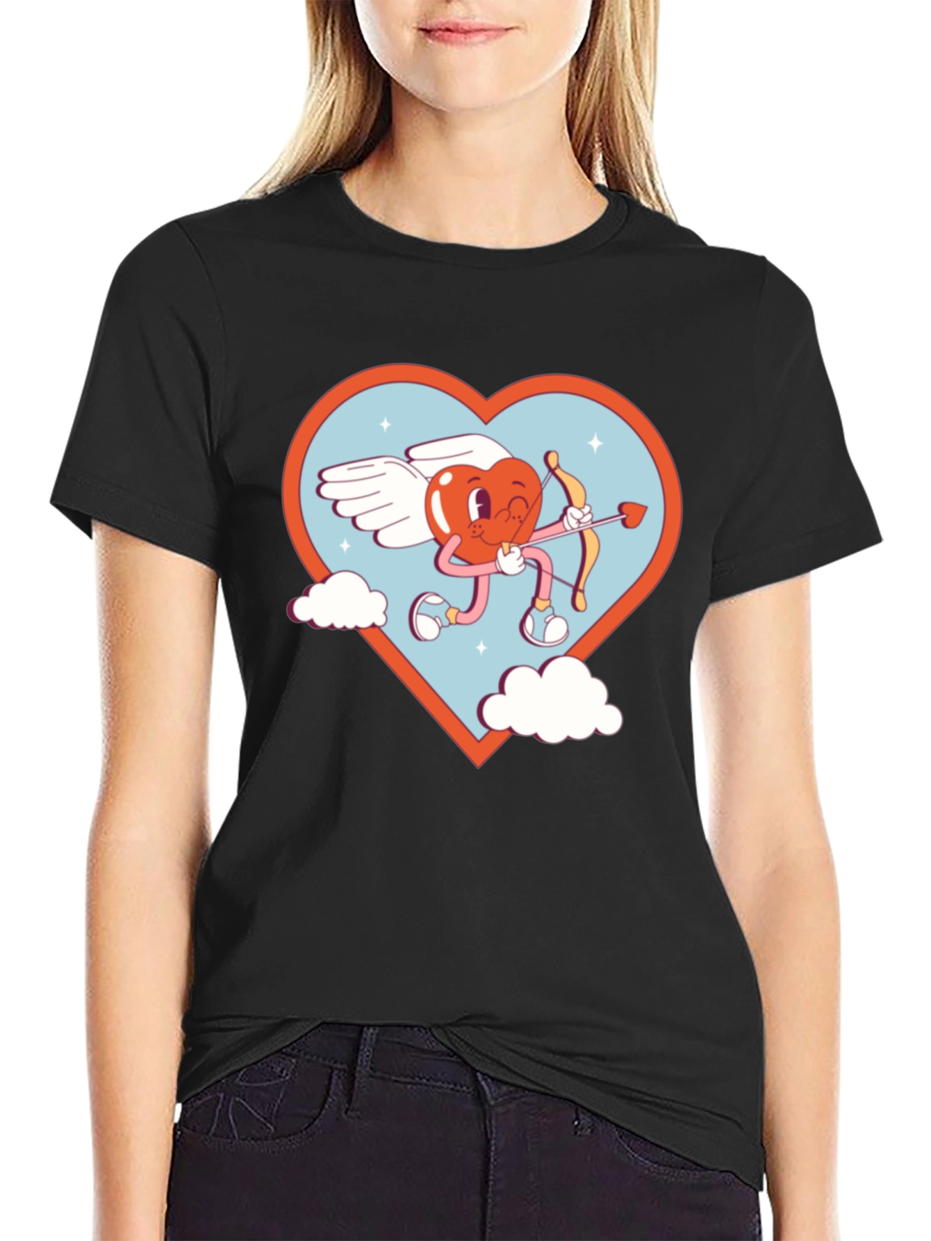 Cartoon Heart Cupid Black T-Shirt
