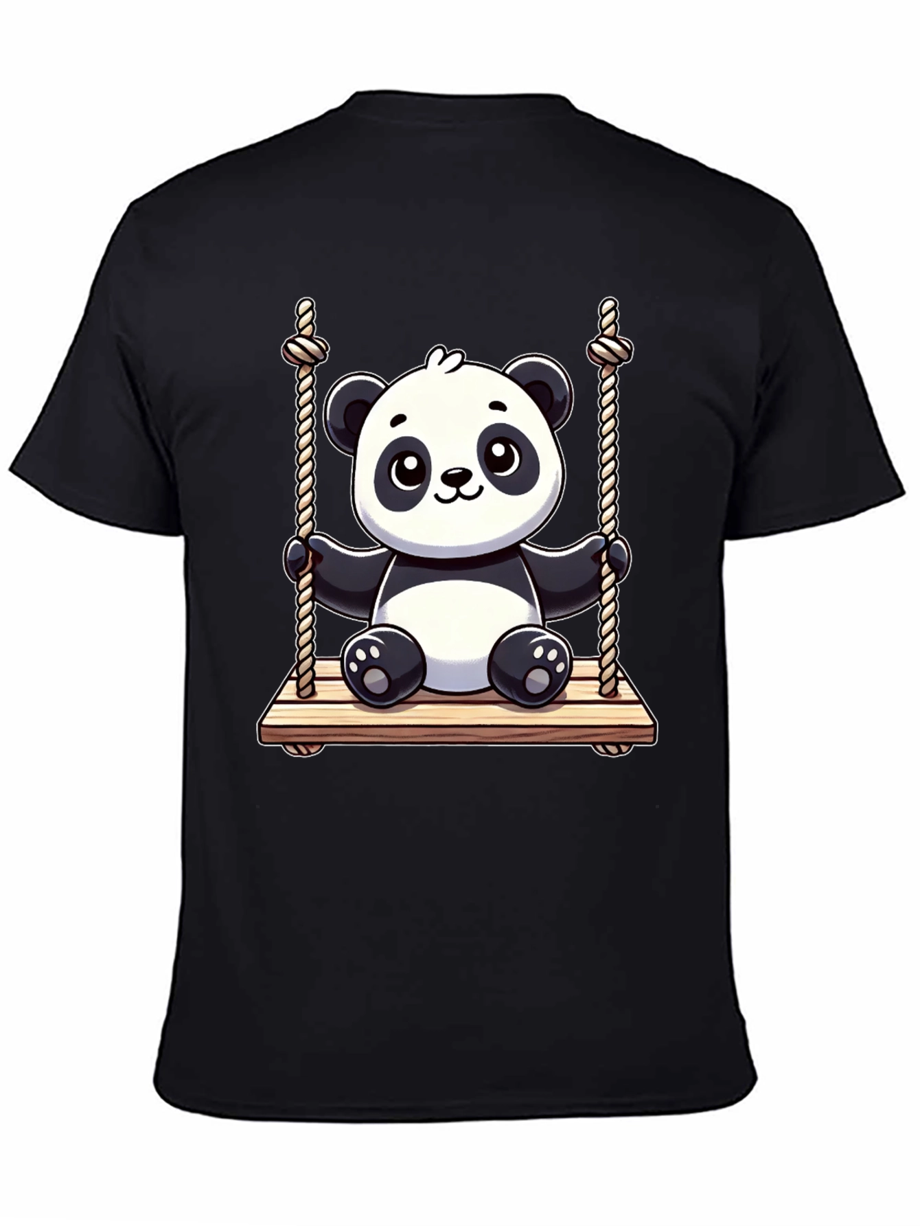 Cute Panda on Swing Graphic Tee - Black
