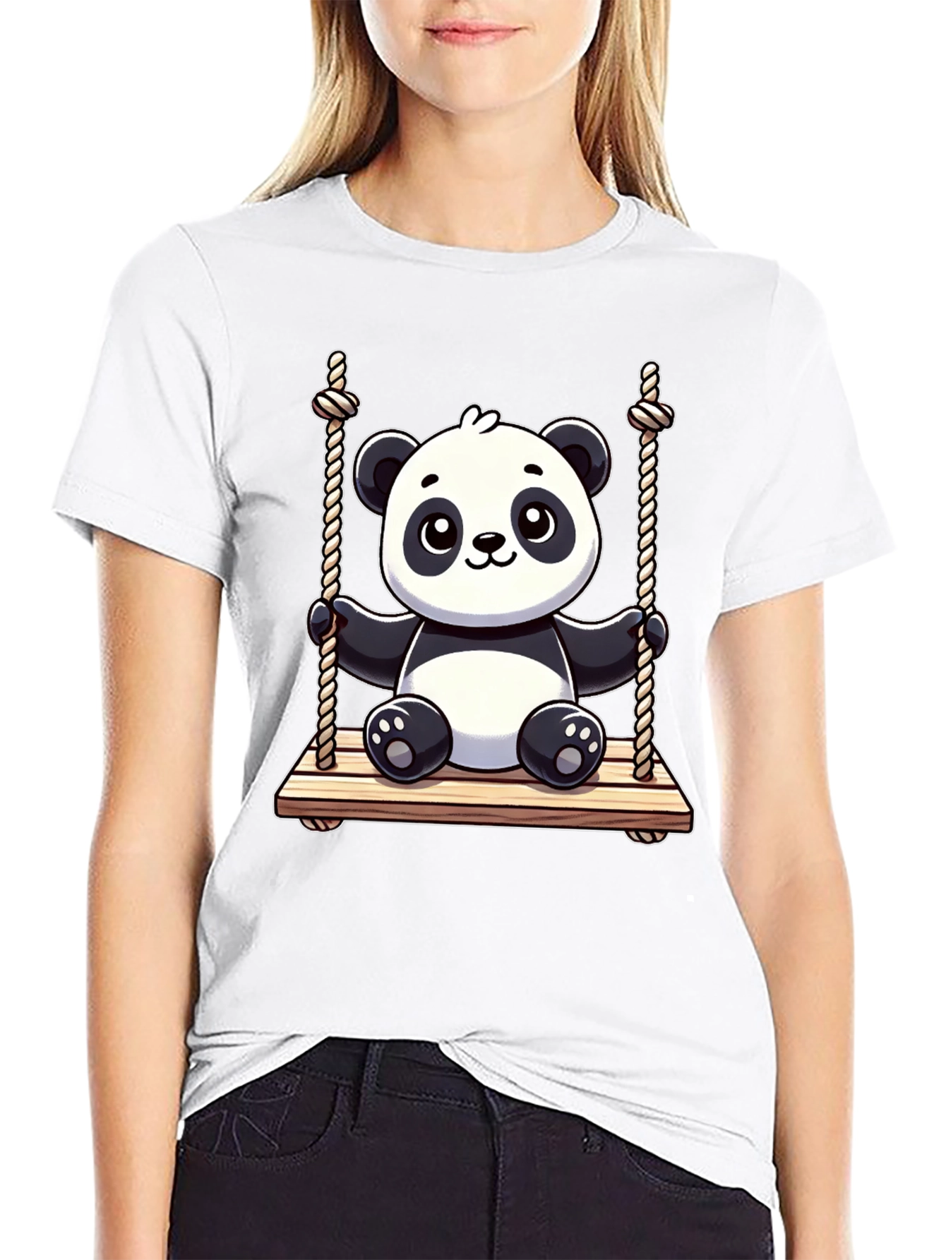 Cute Panda on Swing Graphic Tee - Black