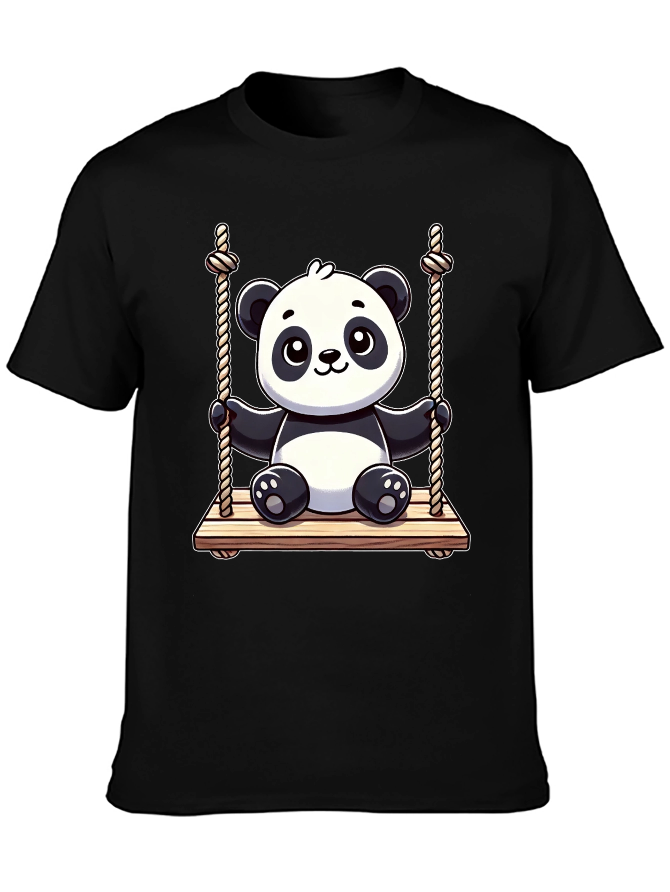 Cute Panda on Swing Graphic Tee - Black