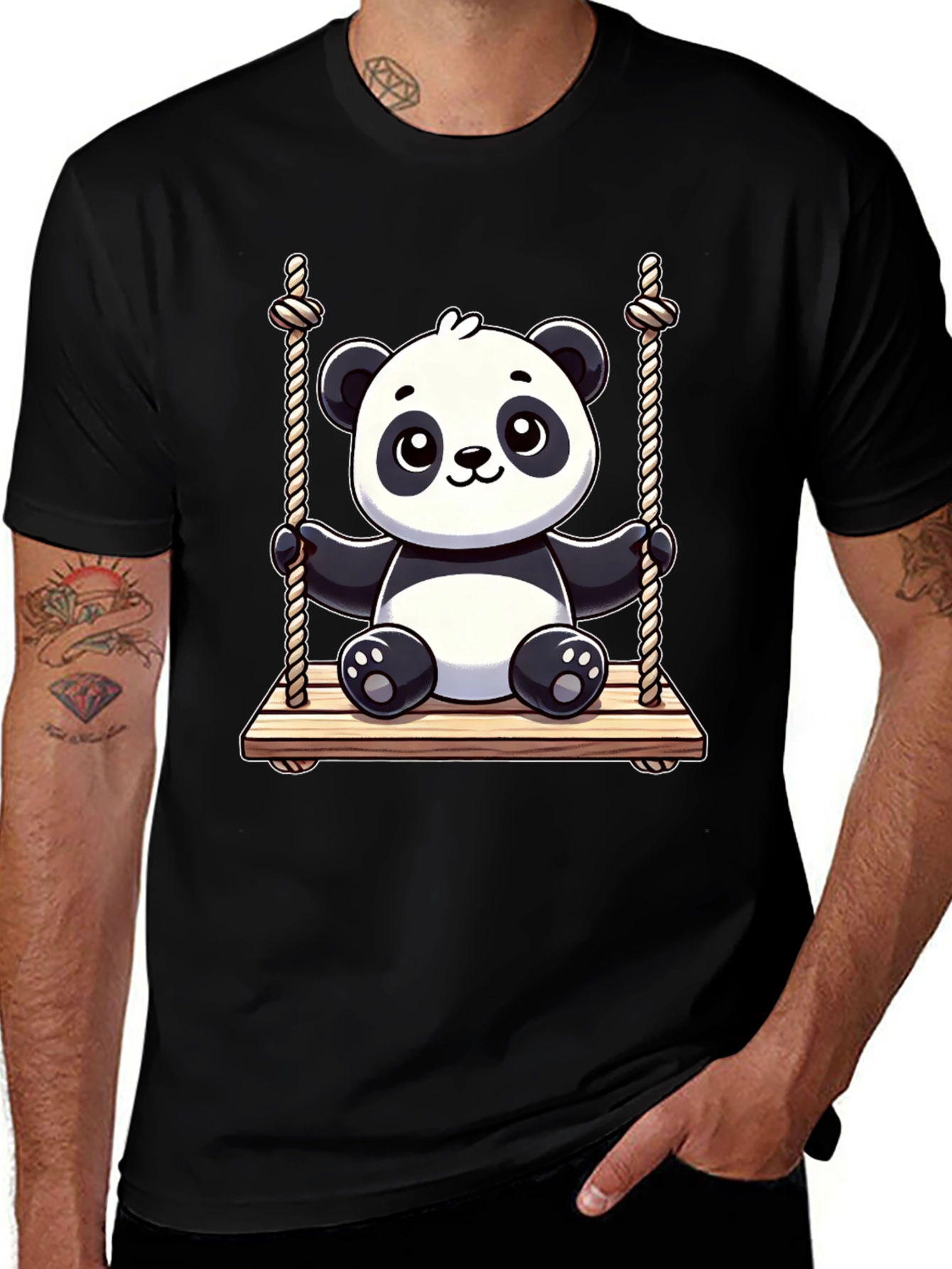 Cute Panda on Swing Graphic Tee - Black