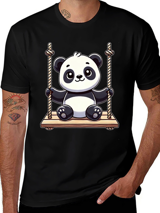 Cute Panda on Swing Graphic Tee - Black