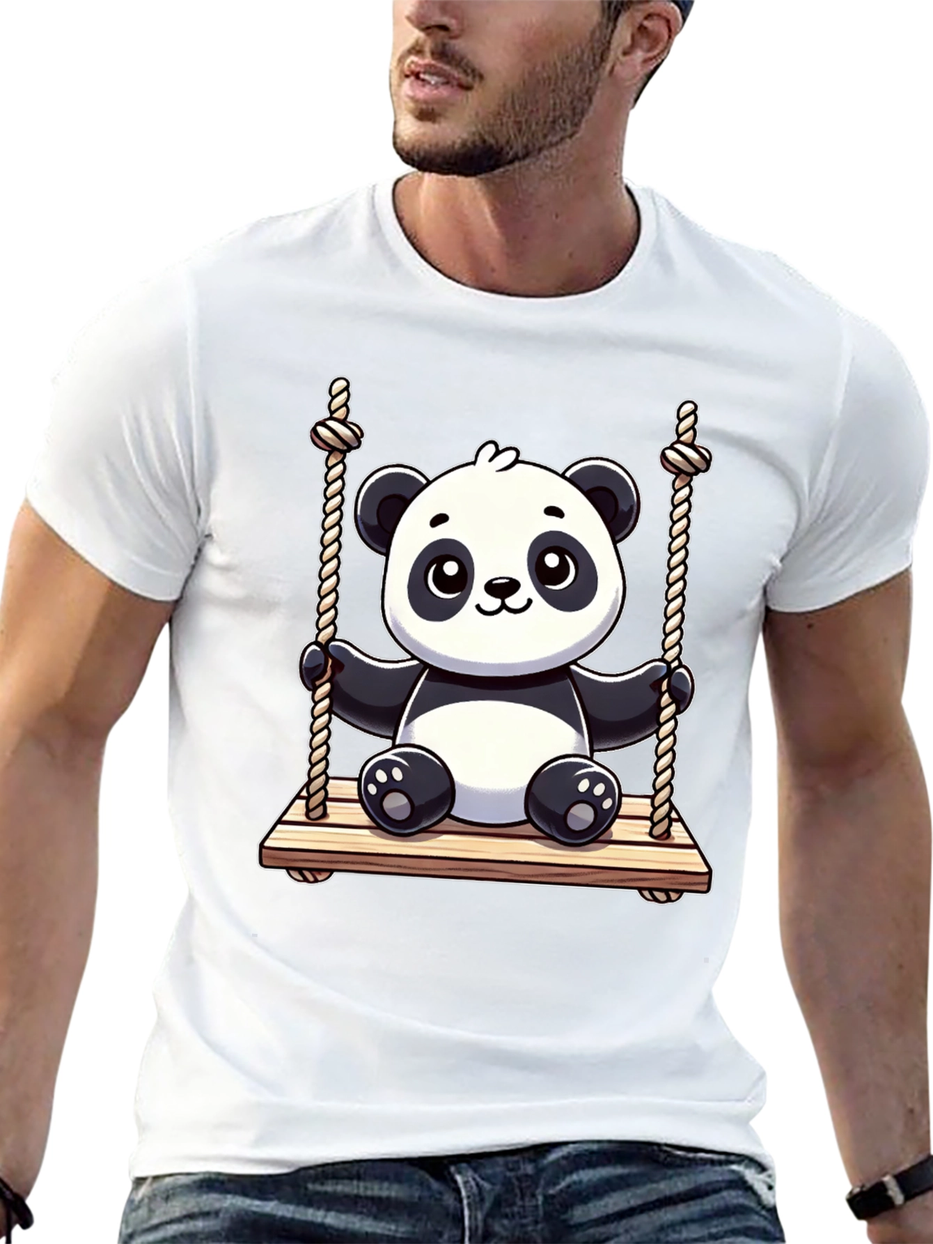 Cute Panda on Swing Graphic Tee - Black