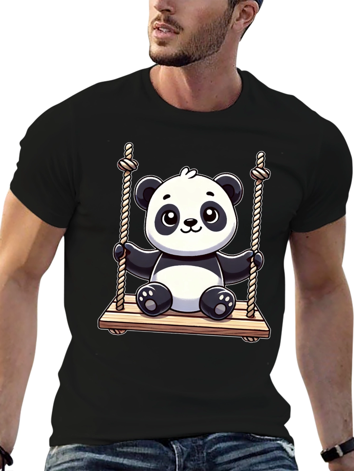 Cute Panda on Swing Graphic Tee - Black
