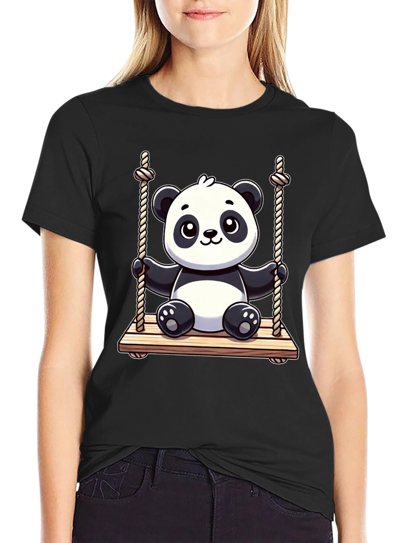 Cute Panda on Swing Graphic Tee - Black