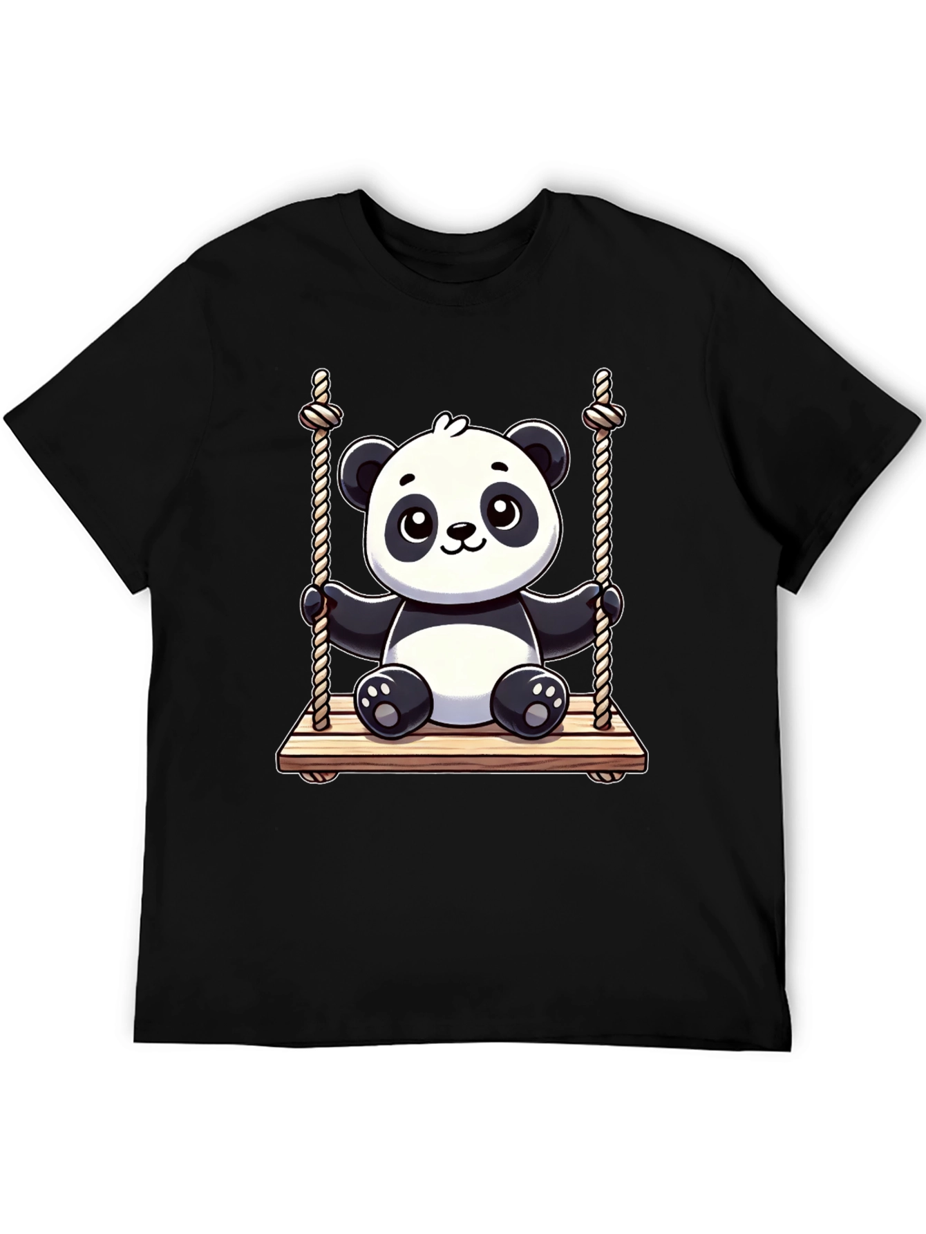 Cute Panda on Swing Graphic Tee - Black