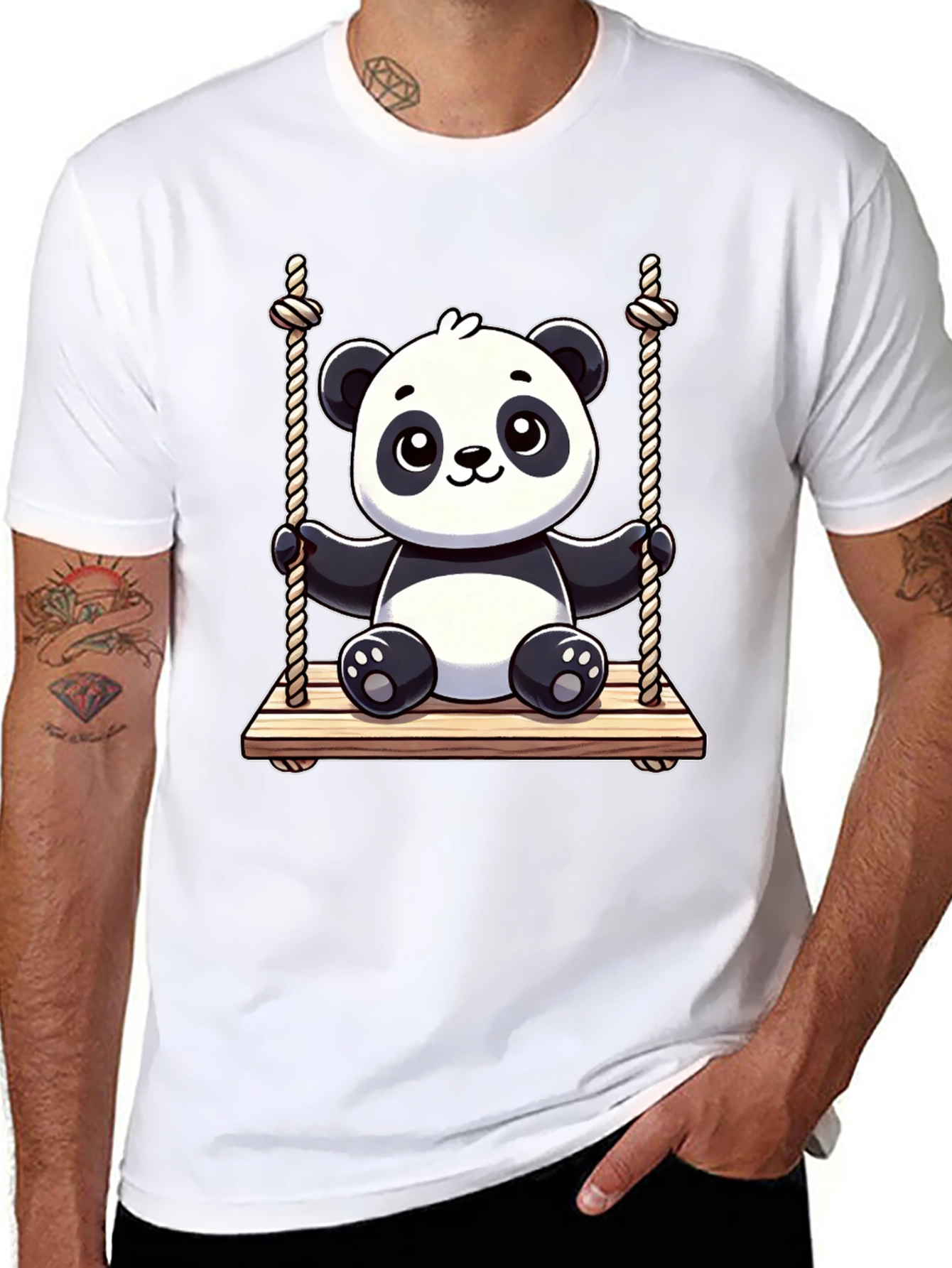 Cute Panda on Swing Graphic Tee - Black