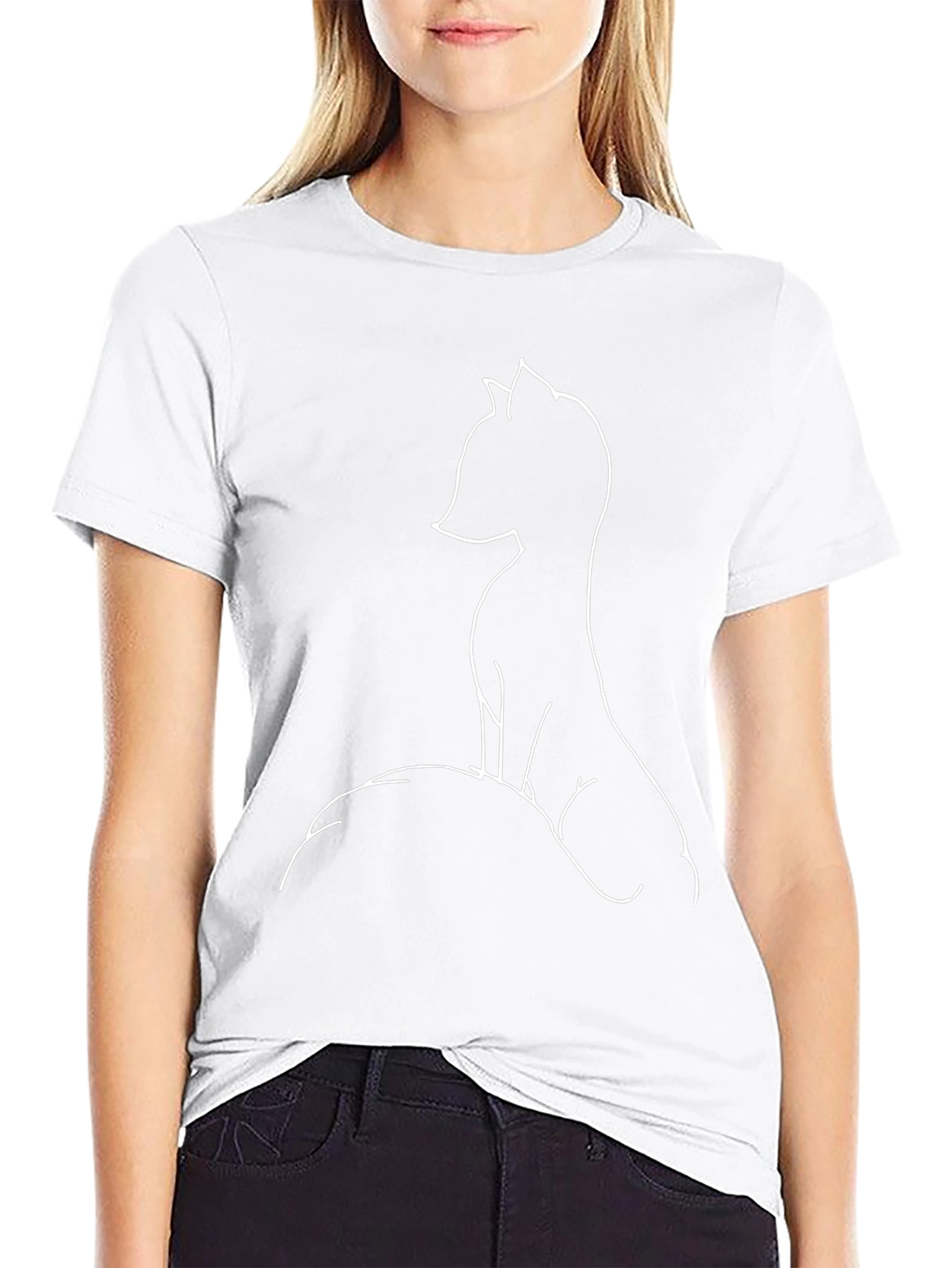 Minimalist Fox Outline Graphic Tee - Black