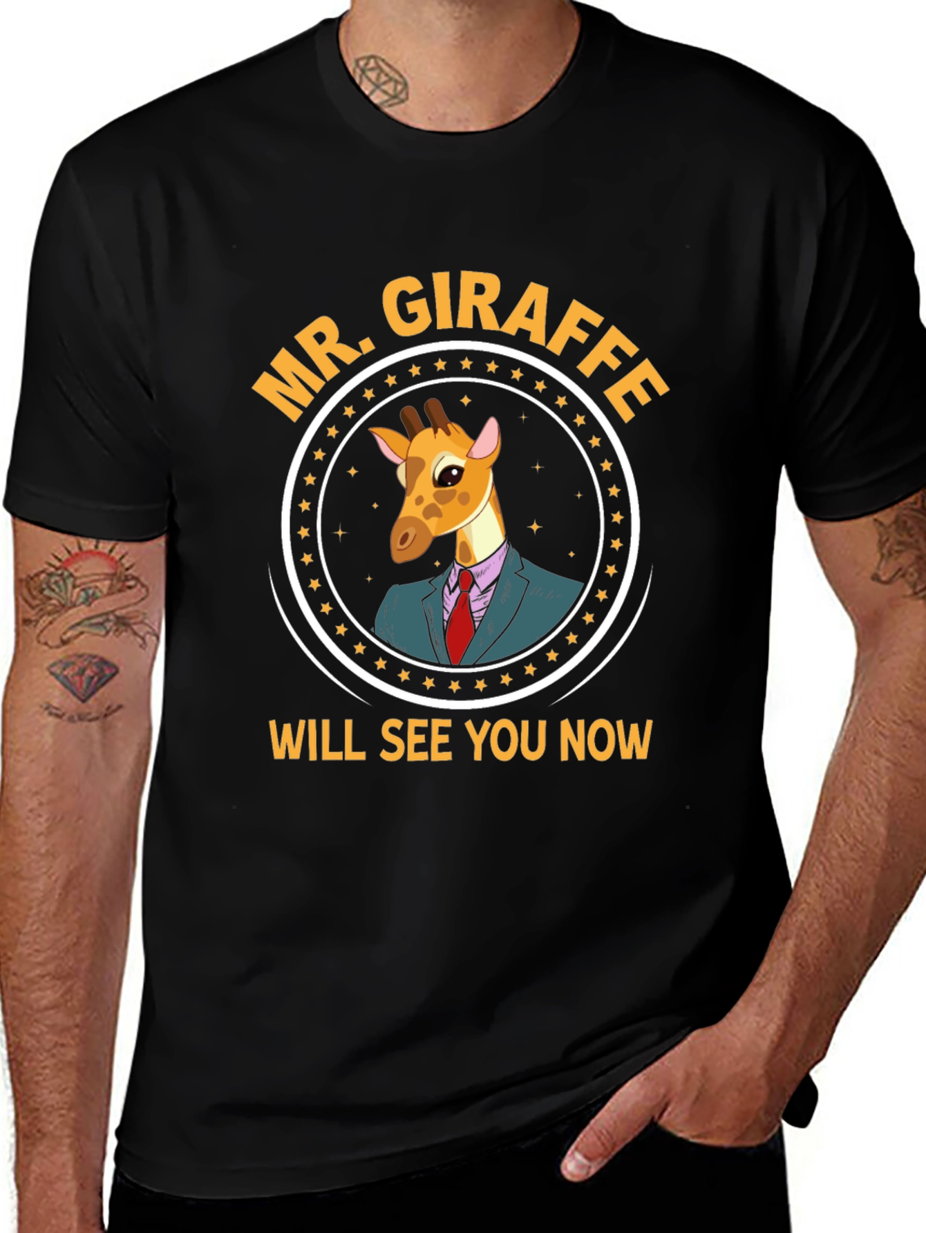Mr. Giraffe Will See You Now Black T-Shirt