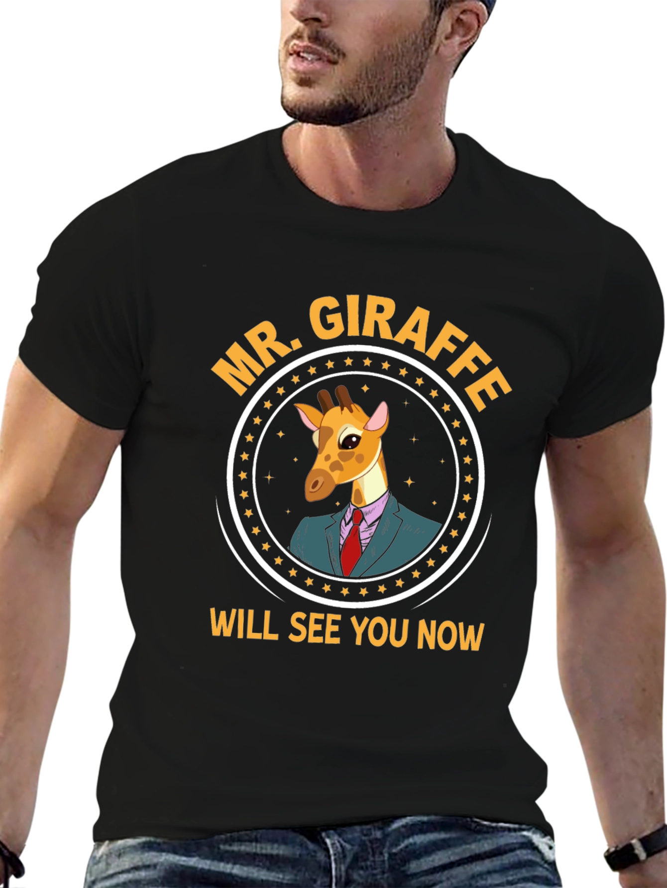 Mr. Giraffe Will See You Now Black T-Shirt