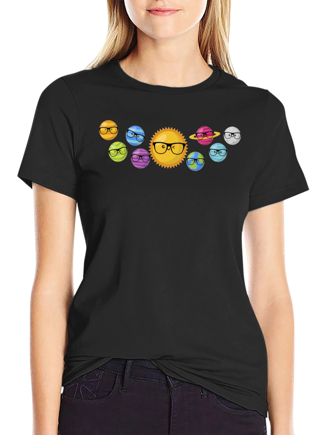 Planets with Glasses Black T-Shirt