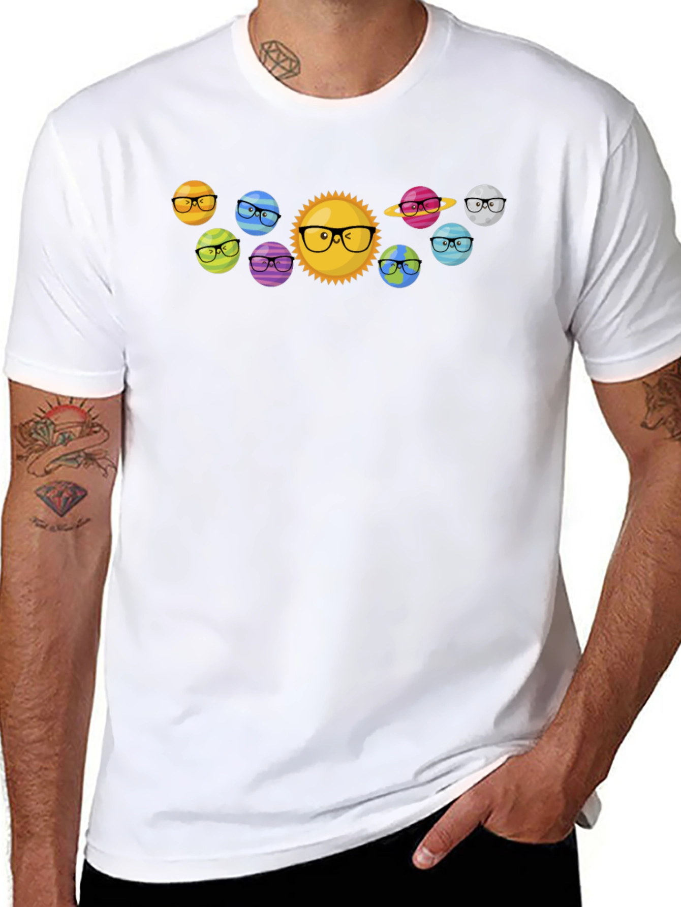 Planets with Glasses Black T-Shirt