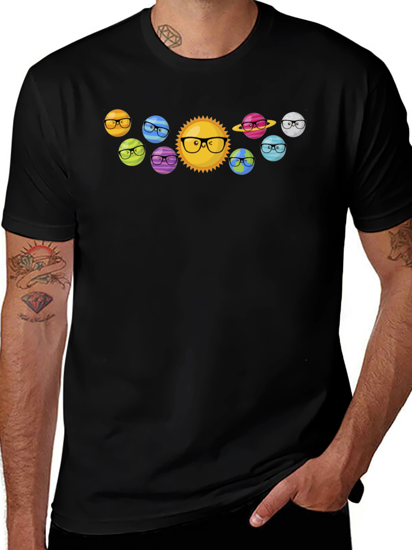 Planets with Glasses Black T-Shirt