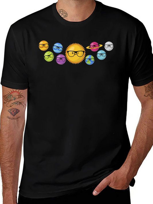 Planets with Glasses Black T-Shirt