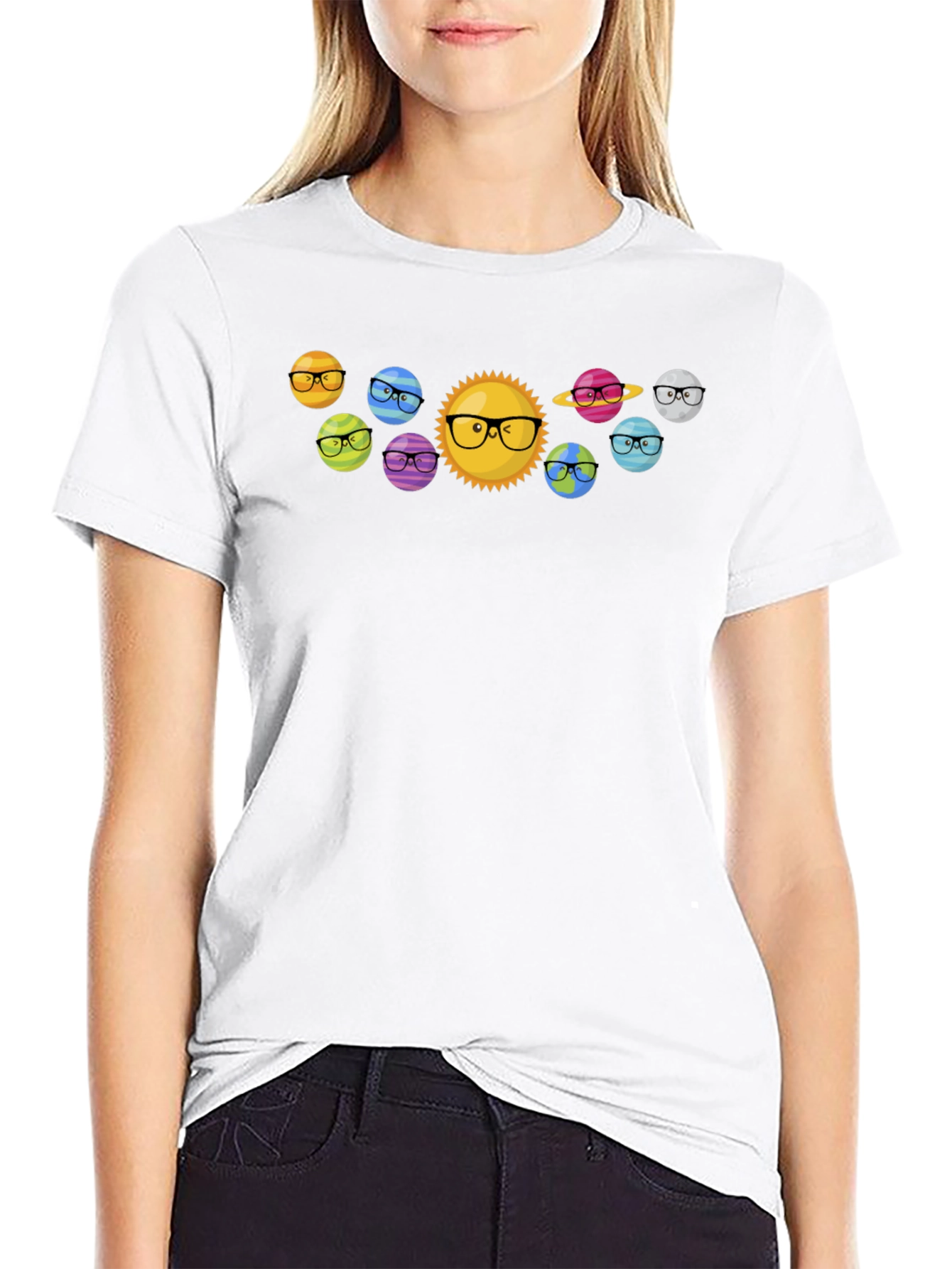 Planets with Glasses Black T-Shirt