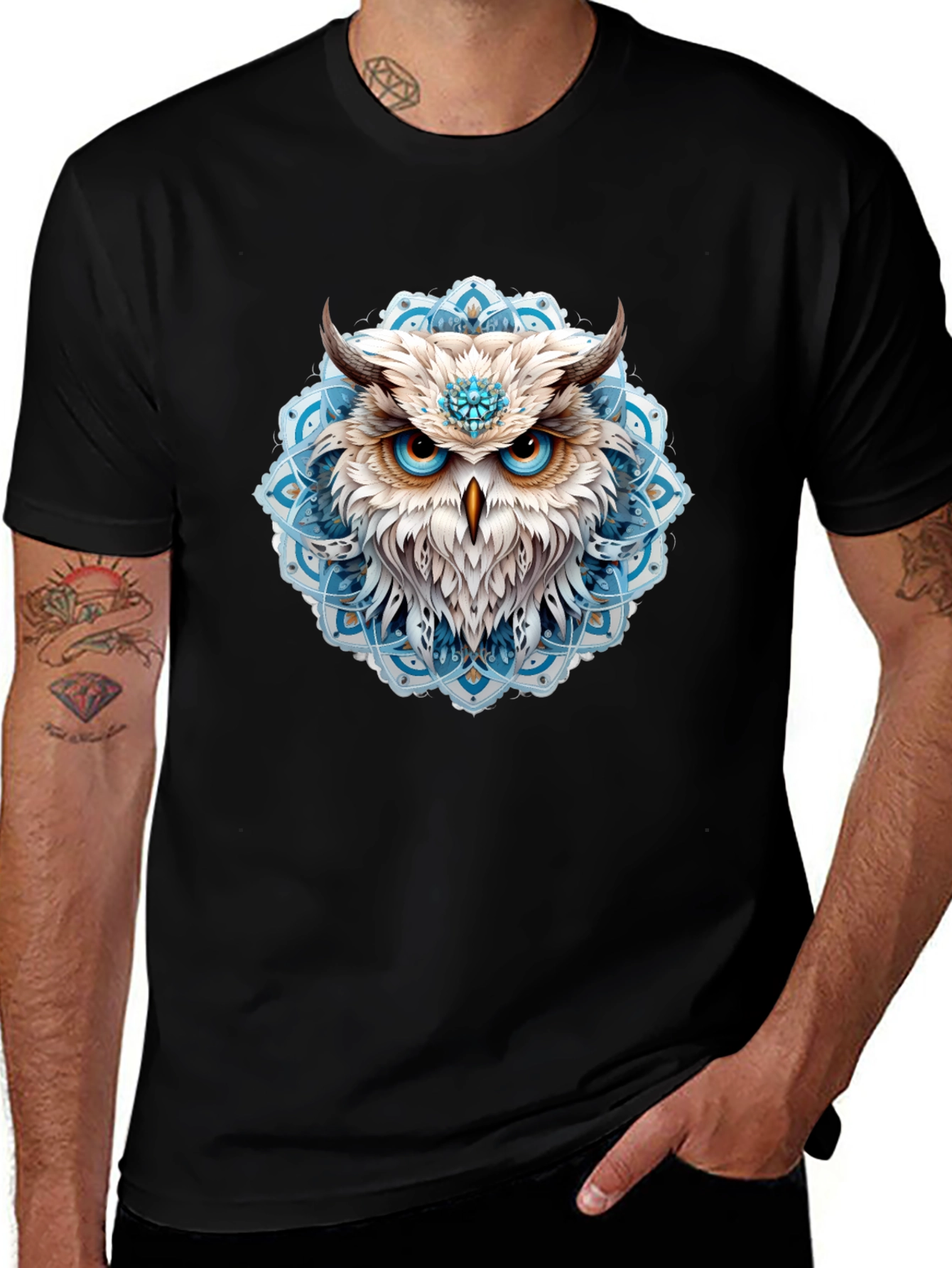 Owl Mandala Graphic Print Black T-Shirt