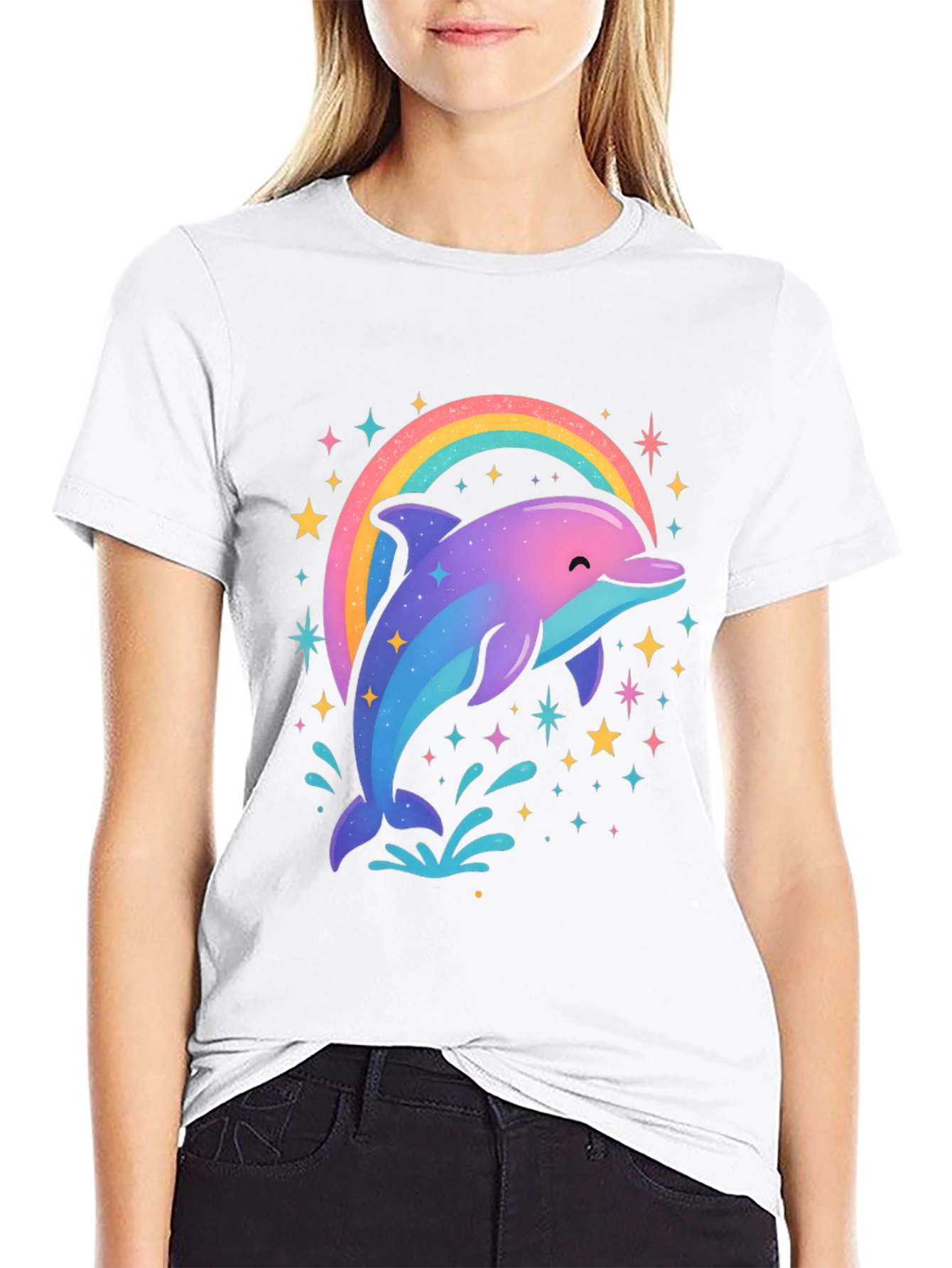 Rainbow Dolphin Graphic Tee - Black Cotton Blend