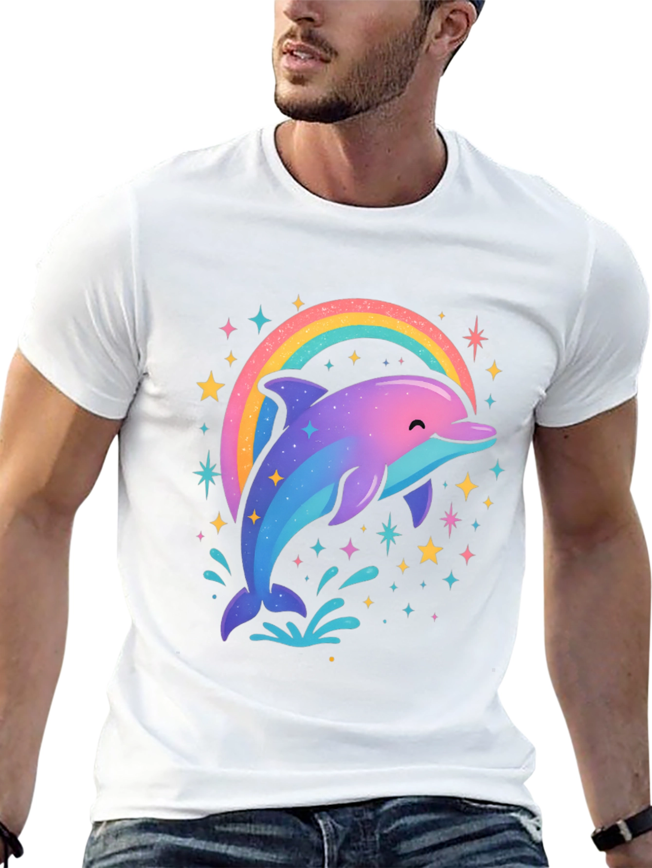 Rainbow Dolphin Graphic Tee - Black Cotton Blend