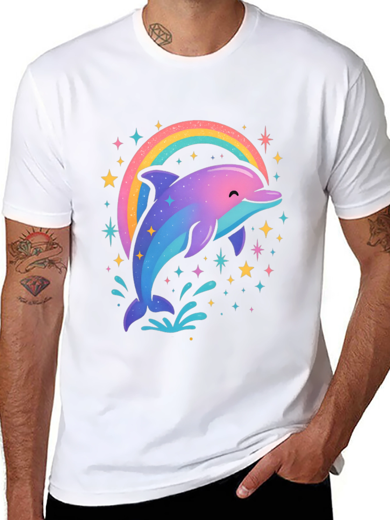Rainbow Dolphin Graphic Tee - Black Cotton Blend
