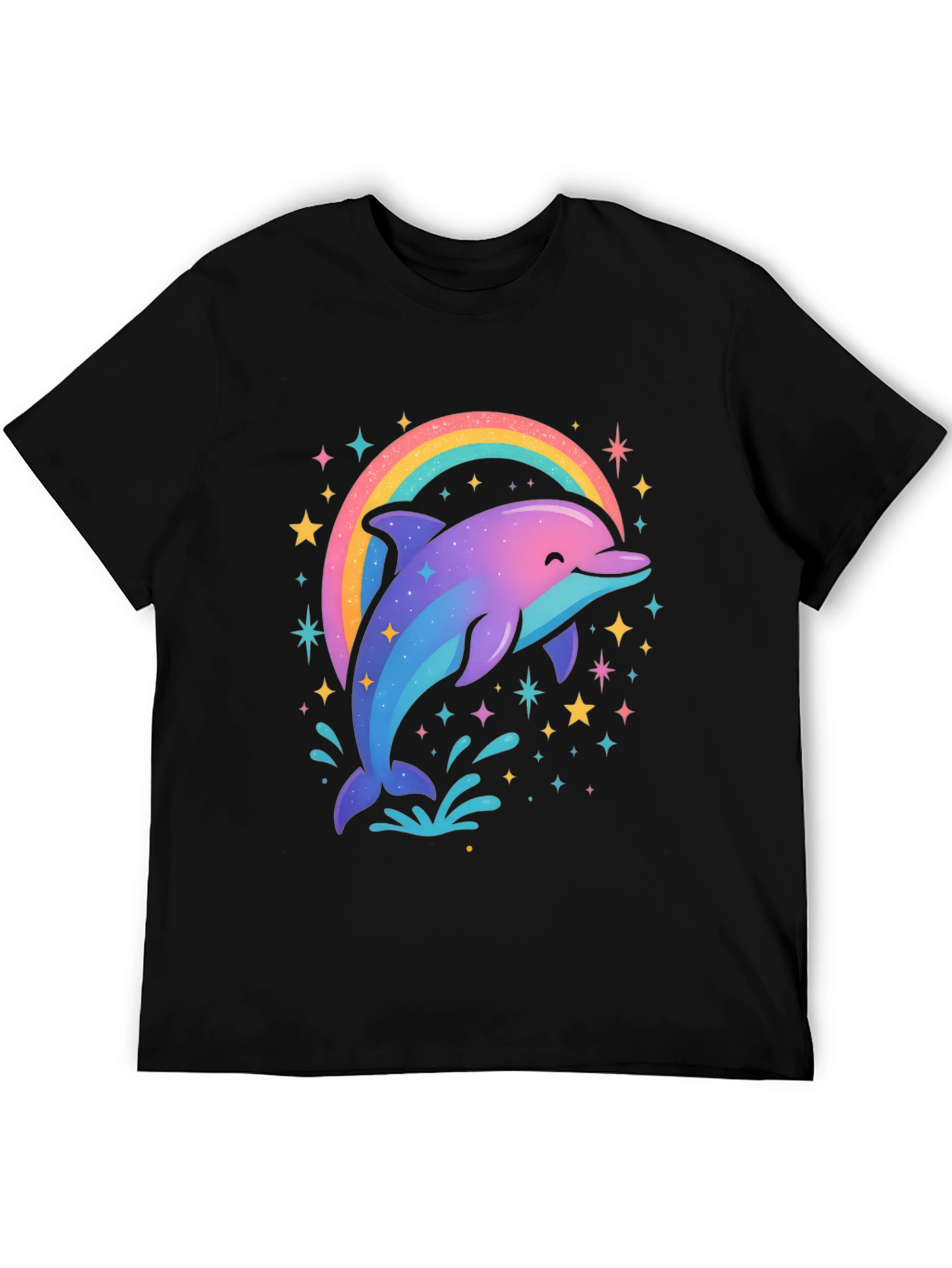 Rainbow Dolphin Graphic Tee - Black Cotton Blend
