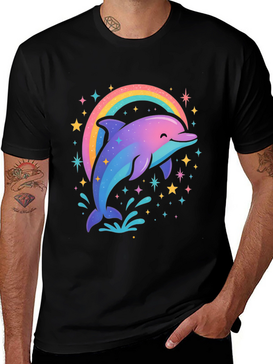 Rainbow Dolphin Graphic Tee - Black Cotton Blend