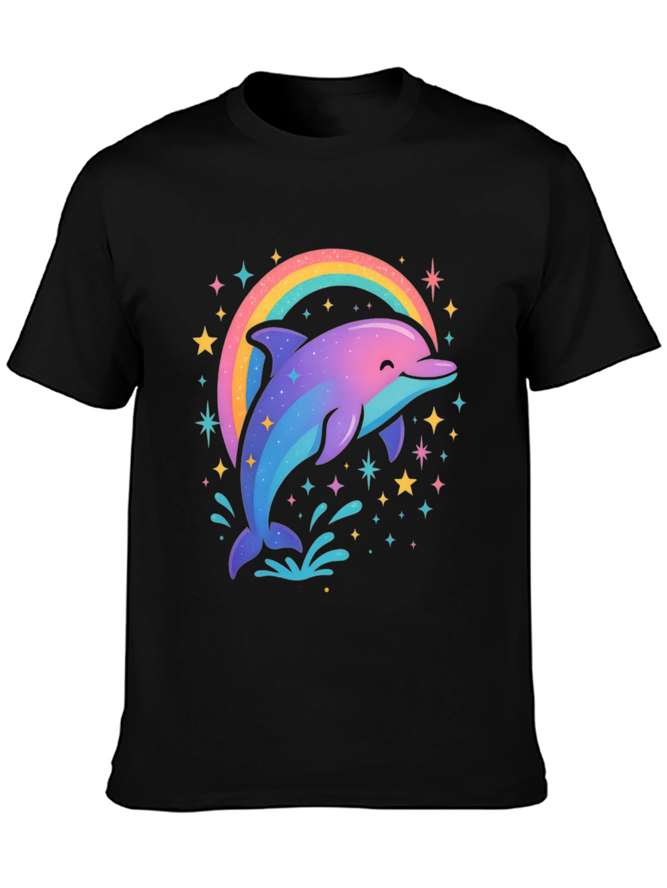 Rainbow Dolphin Graphic Tee - Black Cotton Blend