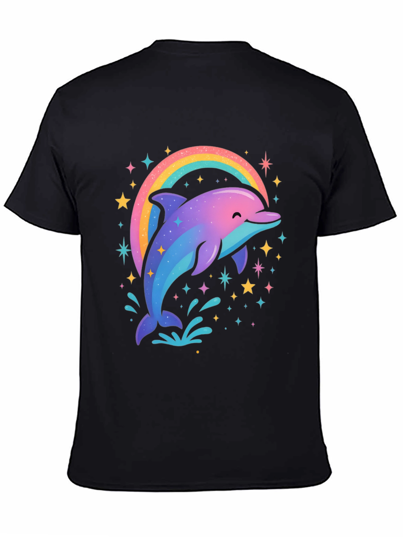 Rainbow Dolphin Graphic Tee - Black Cotton Blend