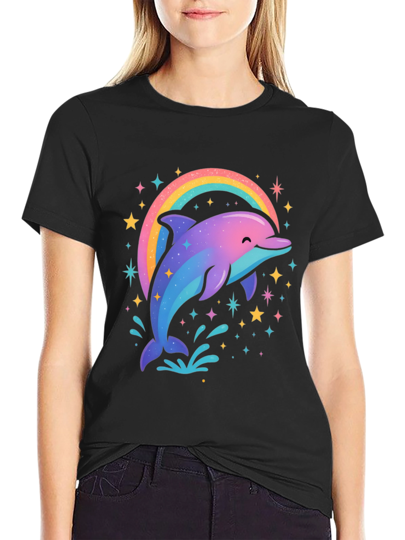 Rainbow Dolphin Graphic Tee - Black Cotton Blend