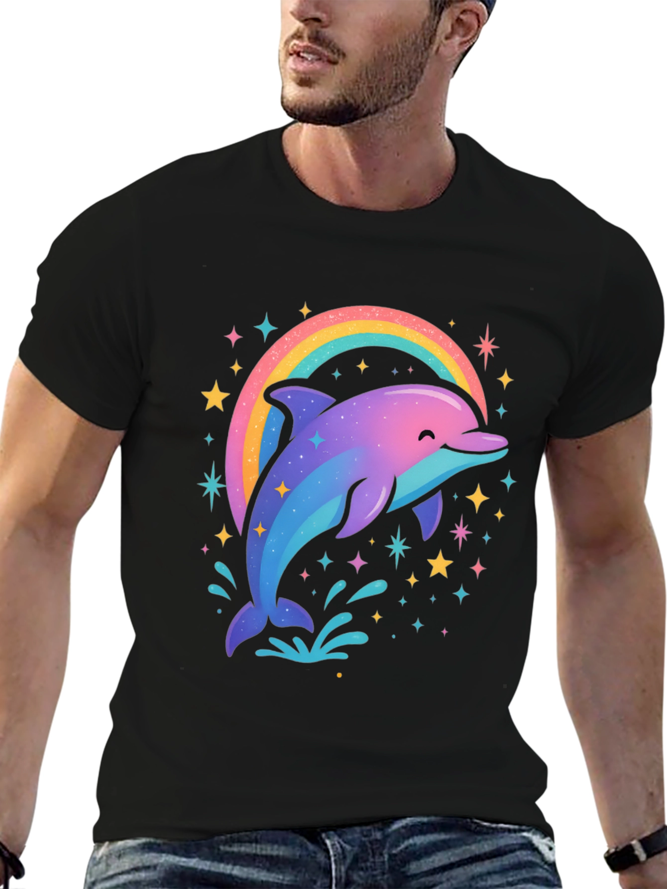 Rainbow Dolphin Graphic Tee - Black Cotton Blend