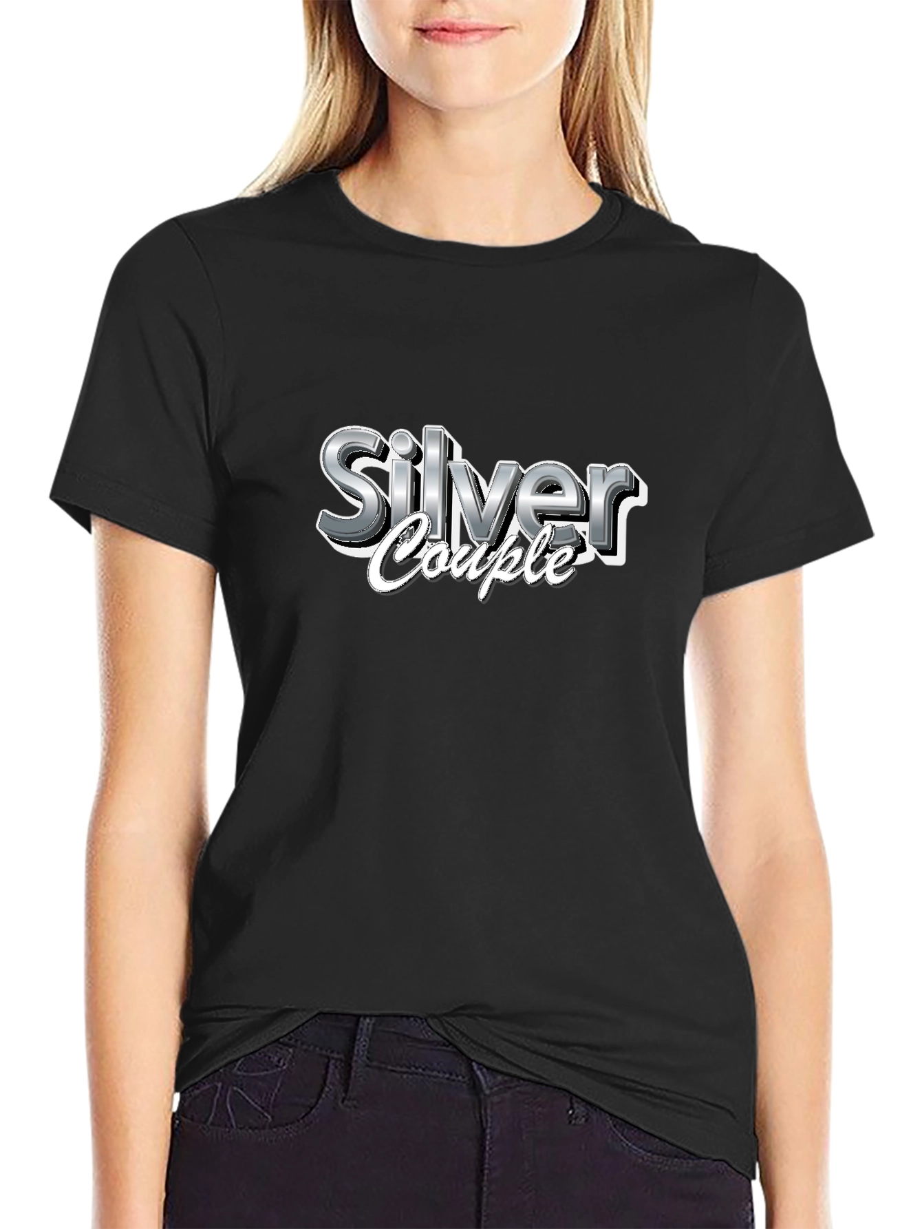 Silver Couple Graphic Print Black T-Shirt