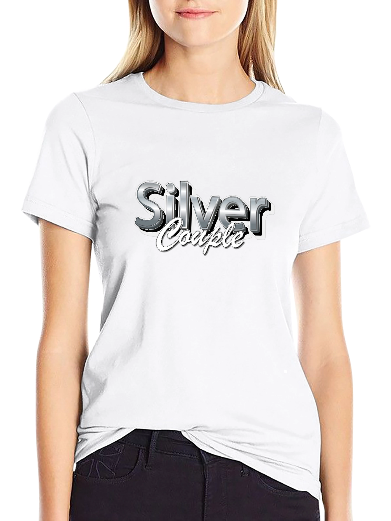 Silver Couple Graphic Print Black T-Shirt