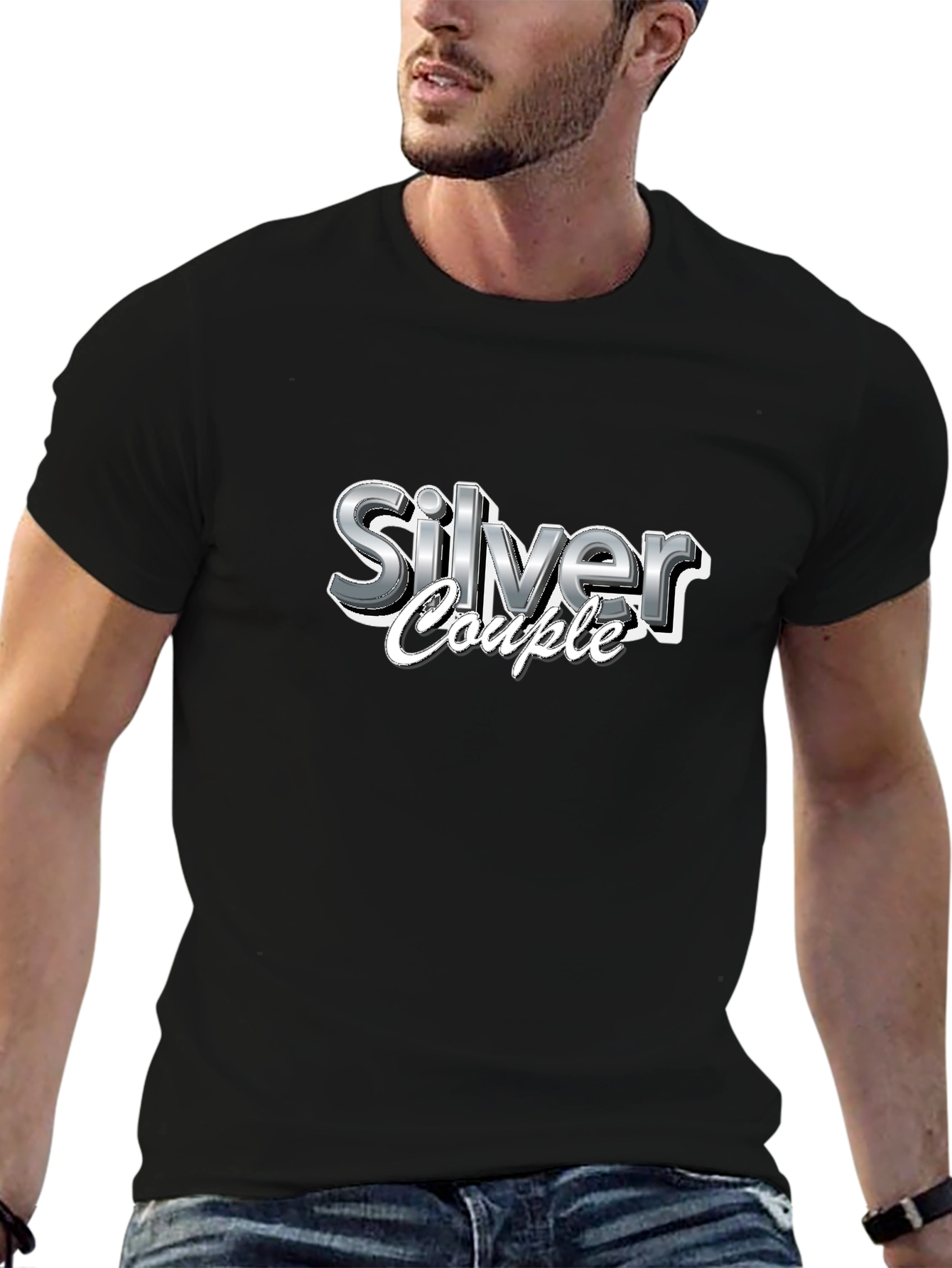 Silver Couple Graphic Print Black T-Shirt