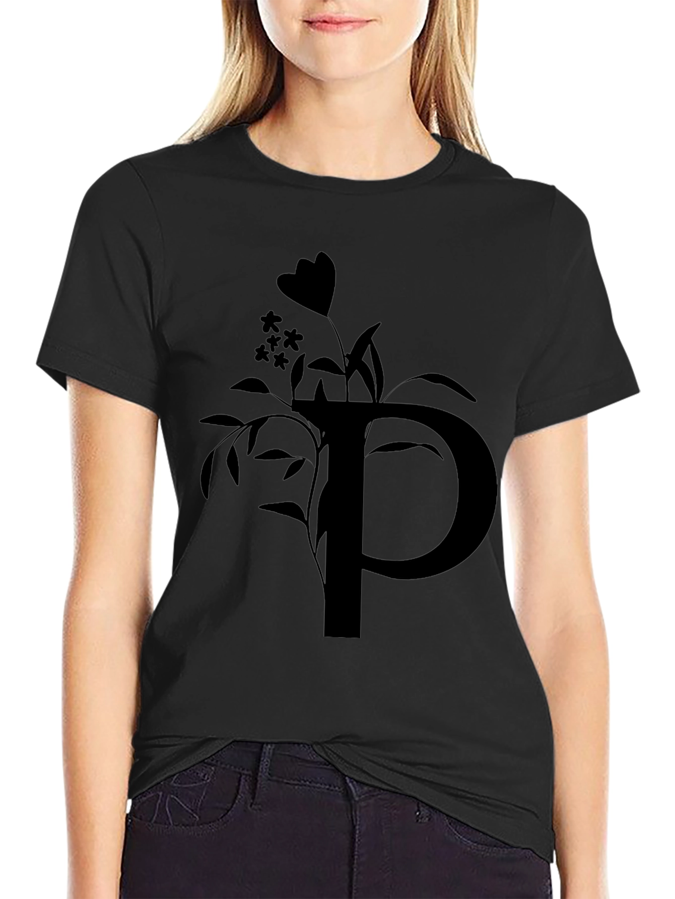 Black T-Shirt with Floral P Initial