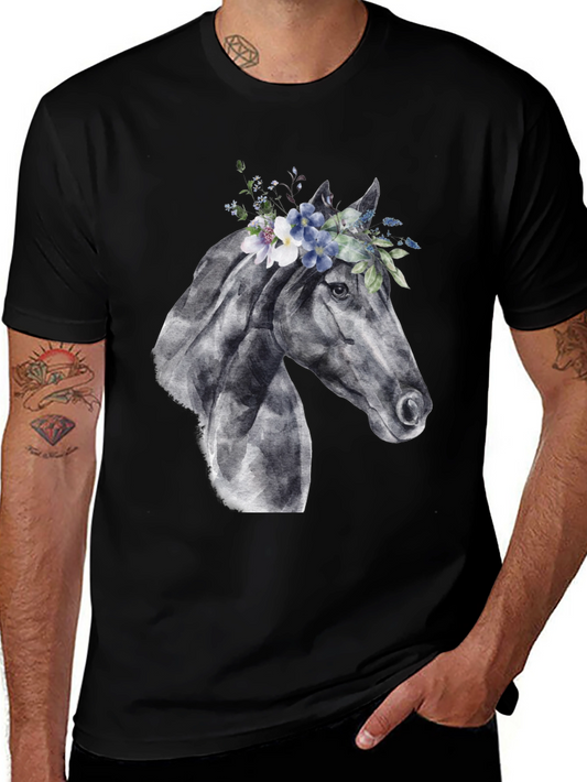 Horse Floral Wreath Graphic T-Shirt - Mens Black Tee